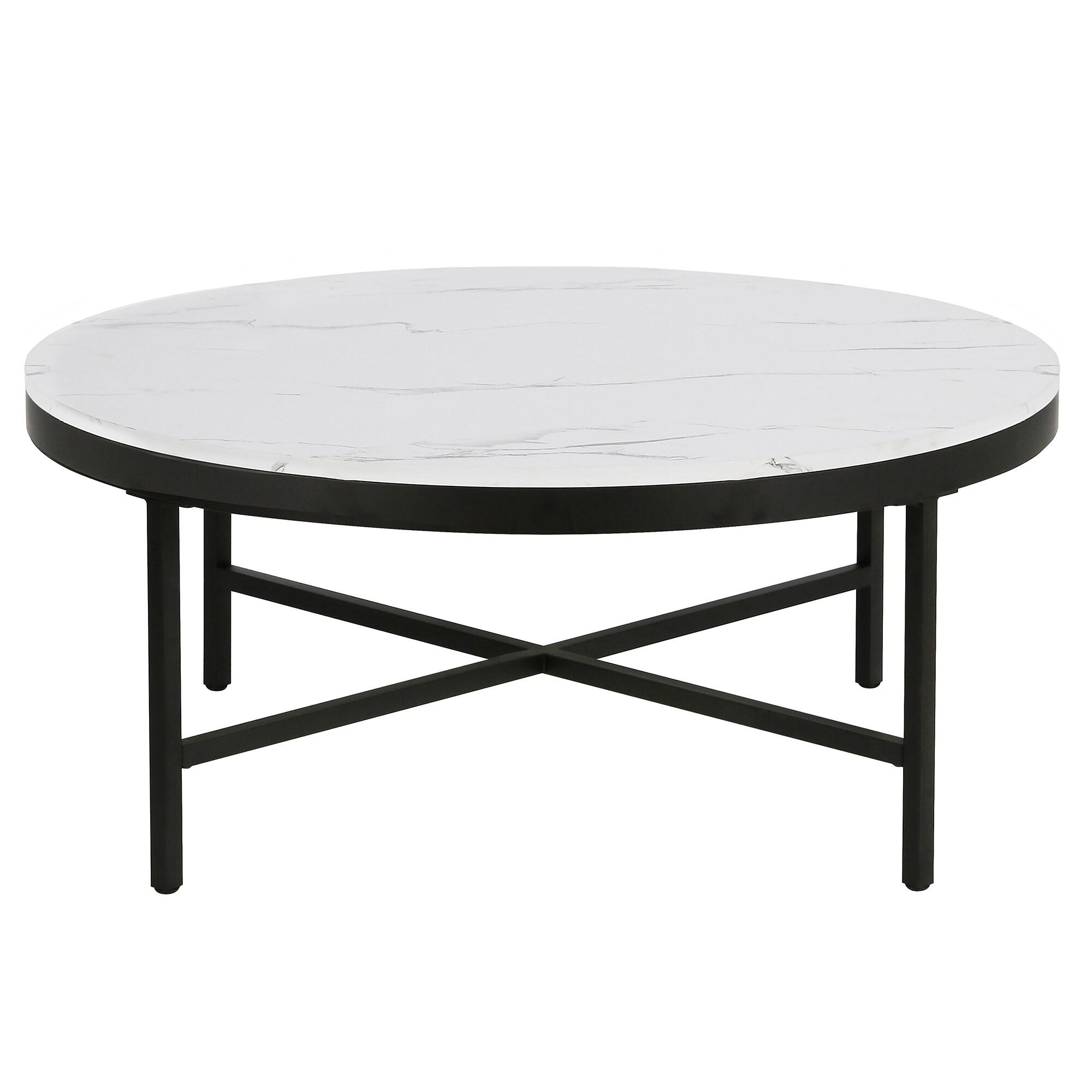 Evelyn&Zoe Xivil 36" Wide Round Coffee Table with Faux Marble Top in Blackened Bronze/Faux Marble