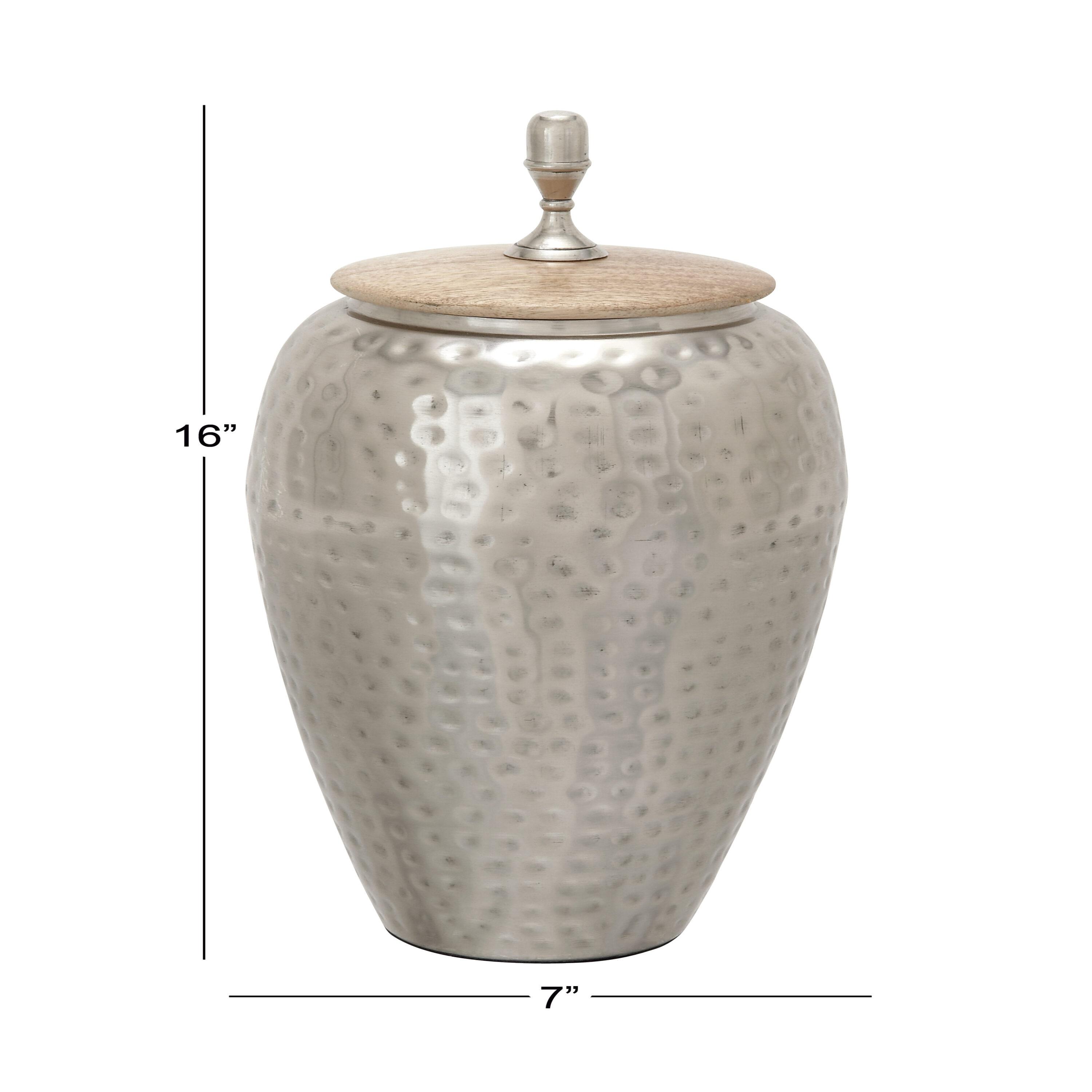 DecMode 7" x 16" Silver Metal Hammered Decorative Jars, 1-Piece