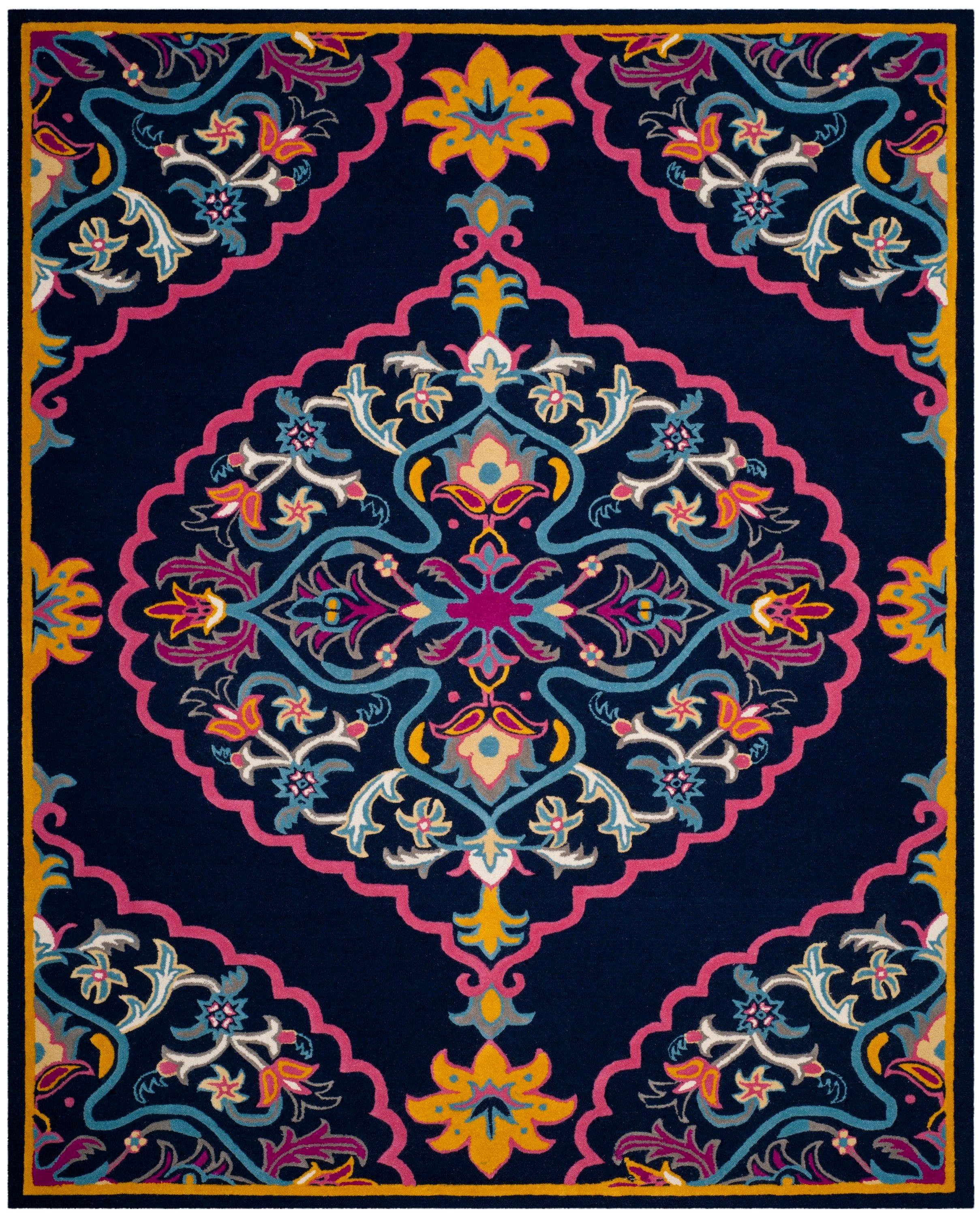 Navy Blue and Multicolor Wool Silk 8' x 10' Handmade Area Rug