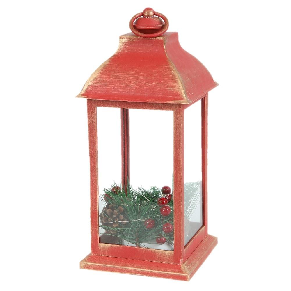 LuxenHome Lighted Berry and Pinecone Rustic Red Lantern Holiday Decoration, Tabletop and Centerpiece, Battery-Operated