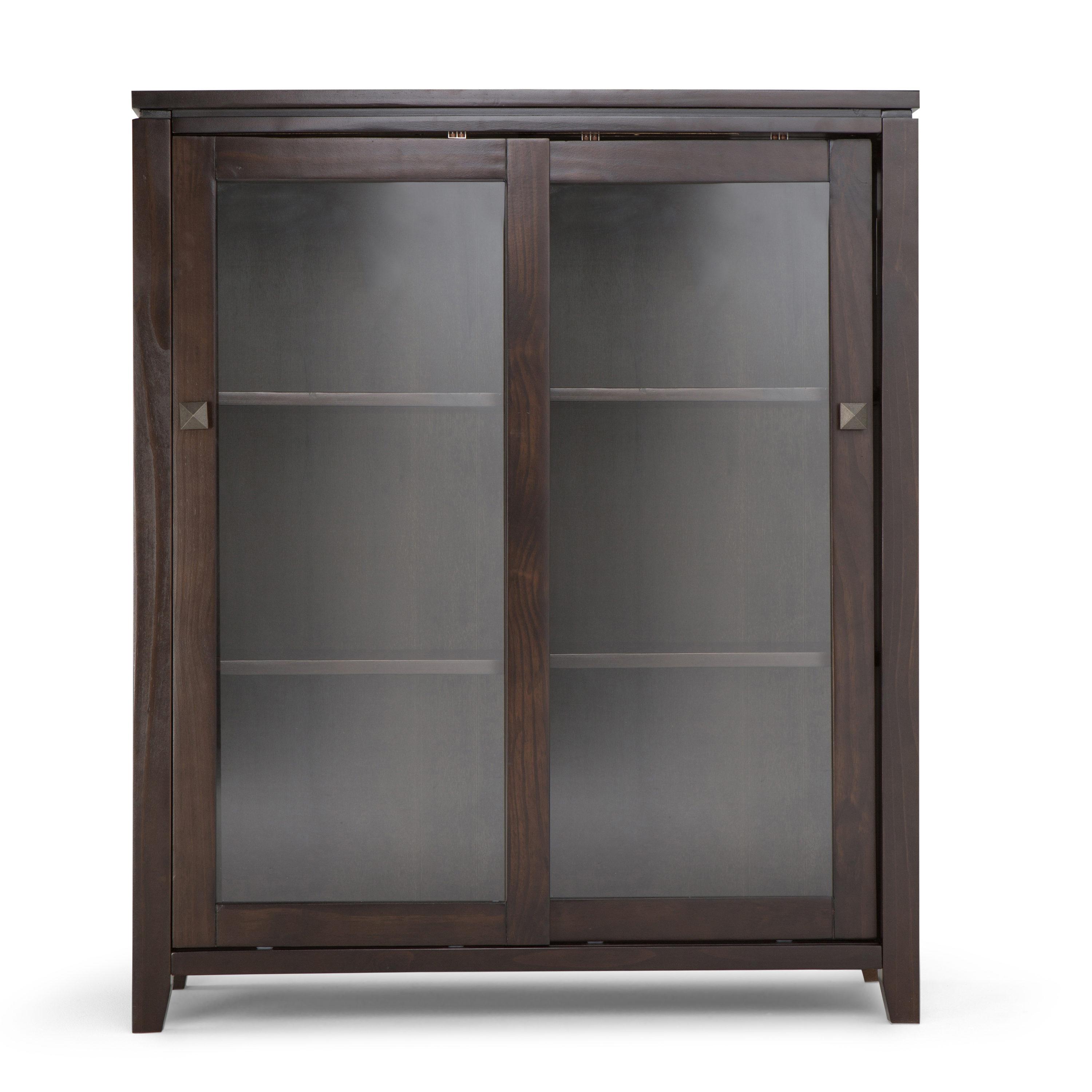 Simpli Home Cosmopolitan 36"W Solid Wood 4-Shelf Contemporary Medium Storage Cabinet with Sliding Glass Doors