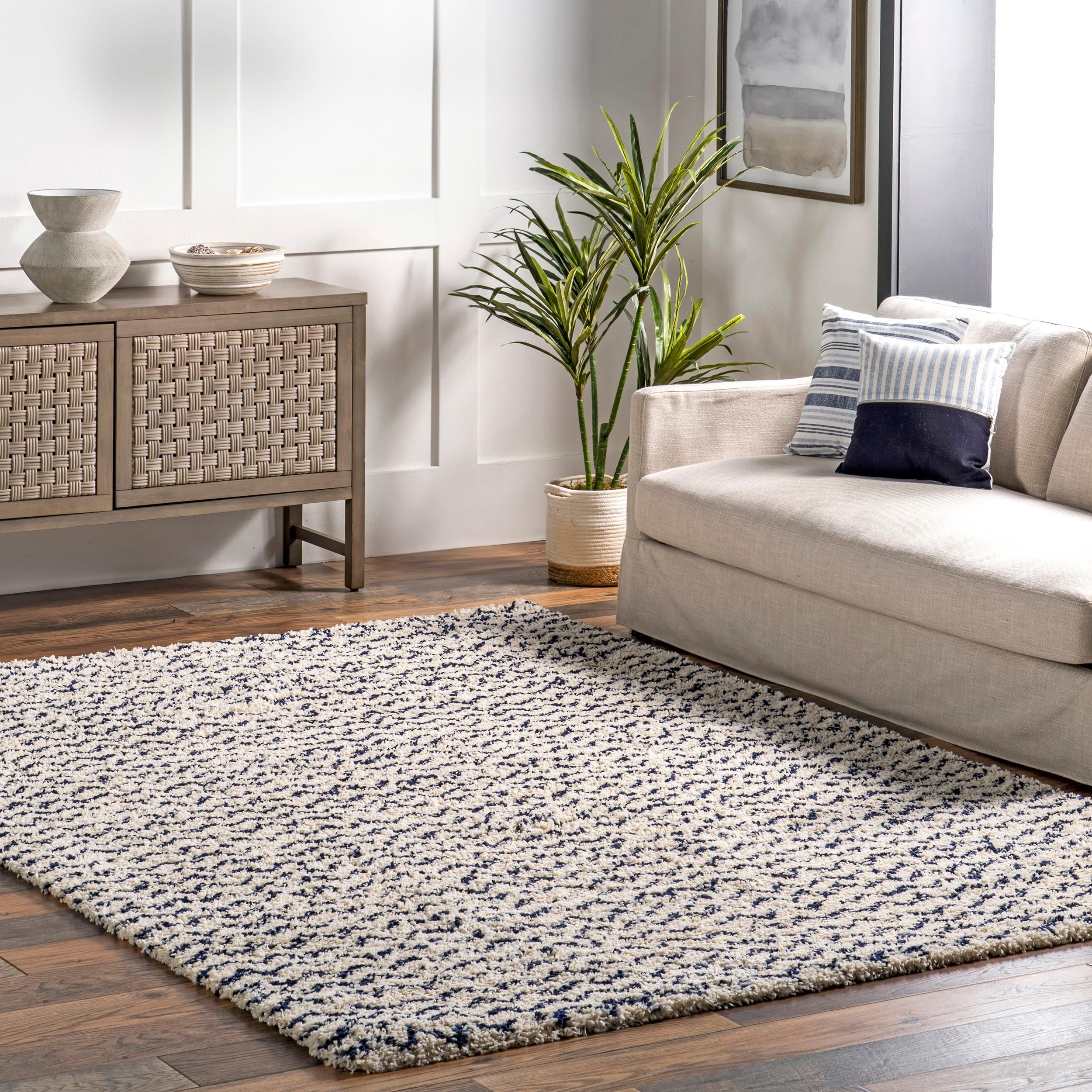 Nuloom Cuellar Striped 9x12 Shag Indoor Area Rug for Living Room Bedroom Dining Room Nursery, Navy/Ivory