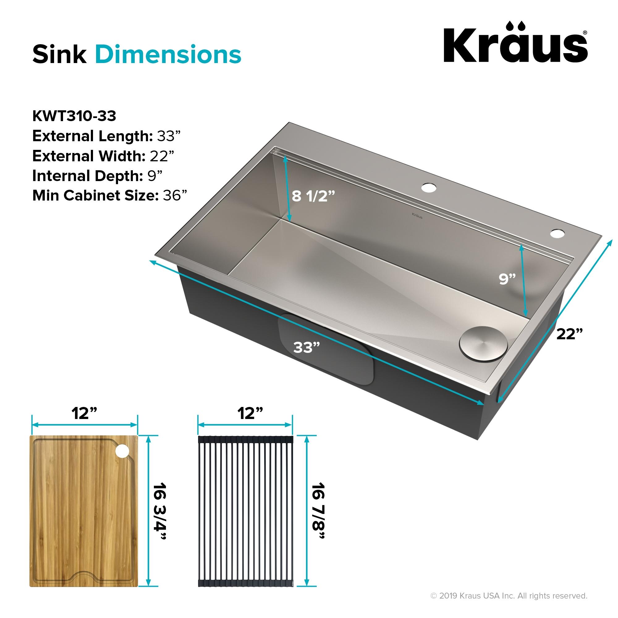 KRAUS Kore™ Workstation 33" L Top Mount Drop-In 16 Gauge Black Stainless Steel Single Bowl Kitchen Sink