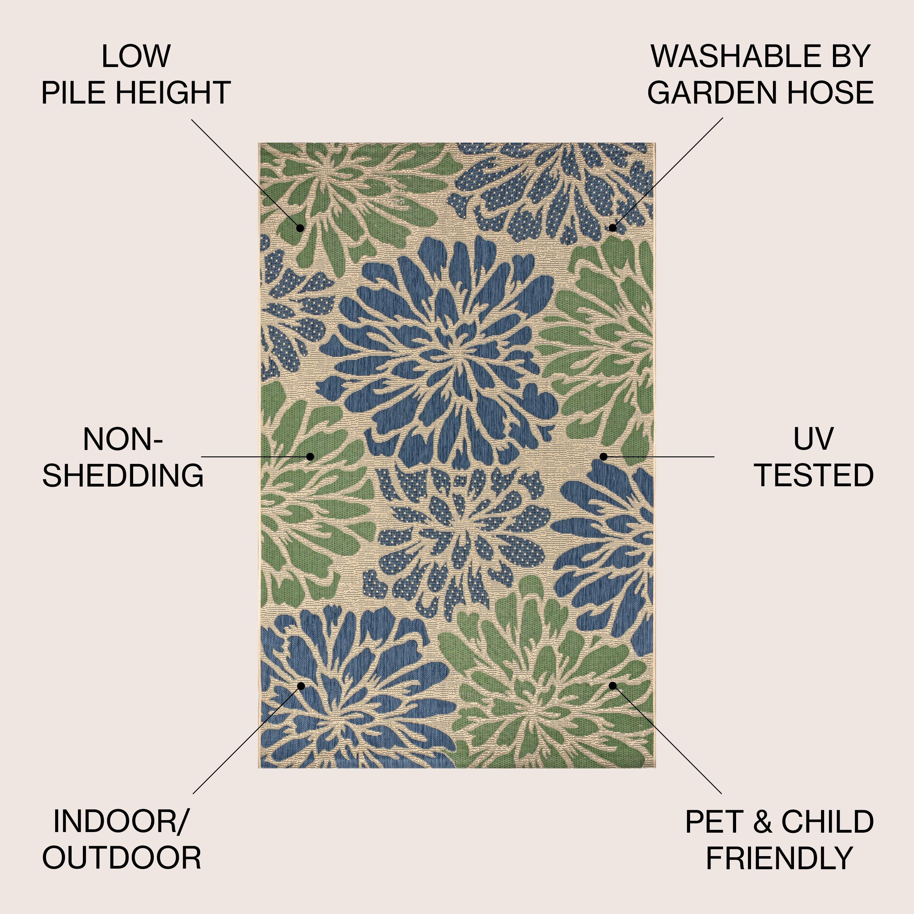 9' X 12' Zinnia Modern Floral Textured Weave Indoor/Outdoor Area Rug, Navy/Green - JONATHAN Y