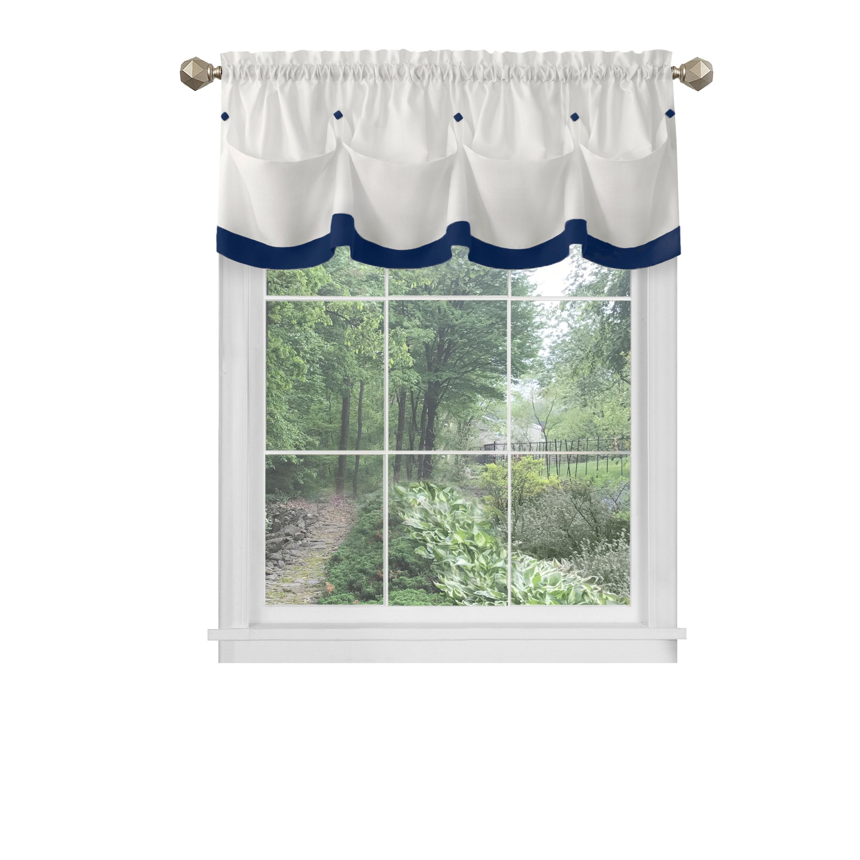 Navy and White Polyester Rod Pocket Valance with Diamond Buttons