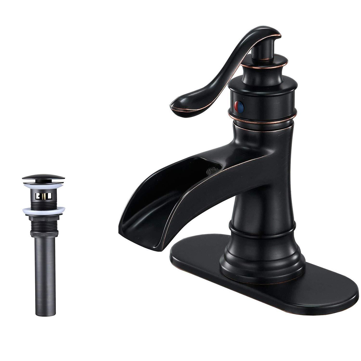 BWE Waterfall Single Hole Single-Handle Low-Arc Bathroom Faucet With Pop-up Drain Assembly