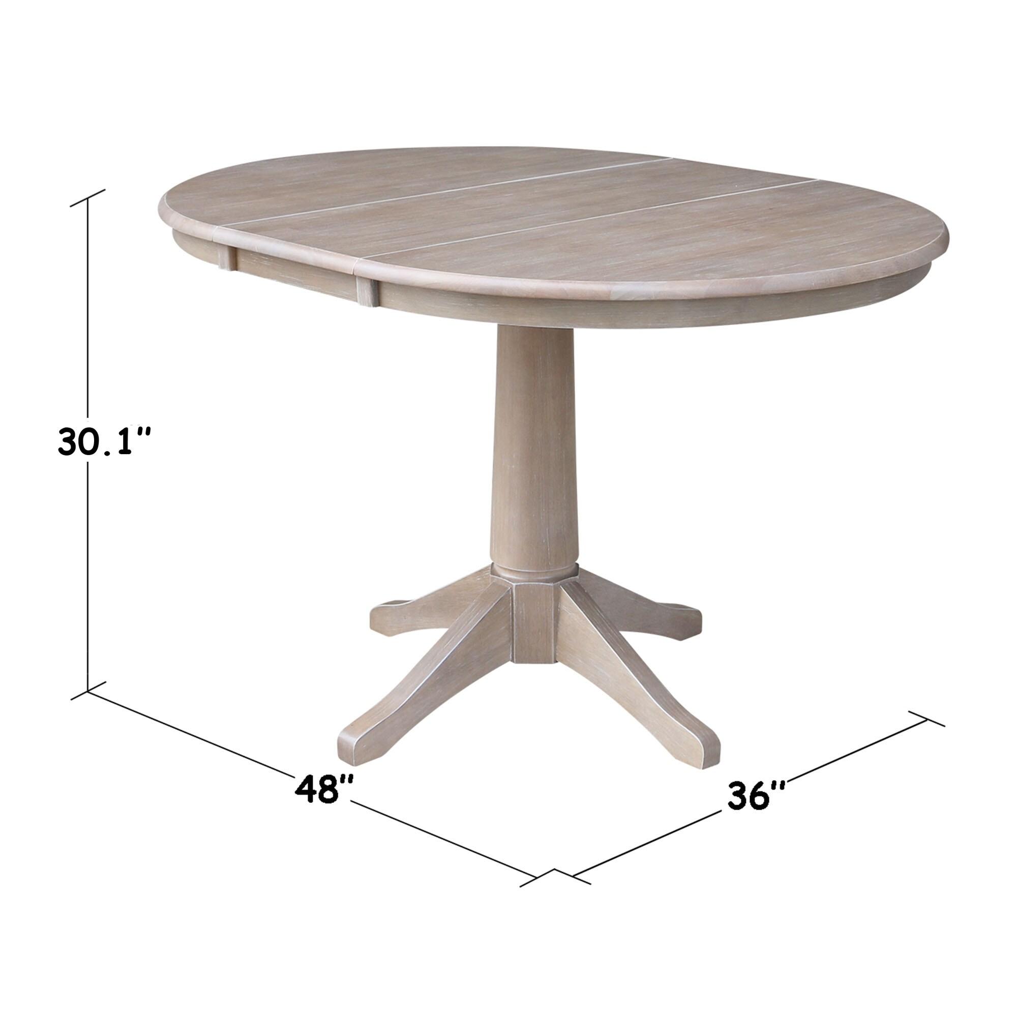 36" Magnolia Round Top Dining Table with 12" Leaf Washed Gray Taupe - International Concepts: Hardwood Pedestal Base, Seats 4