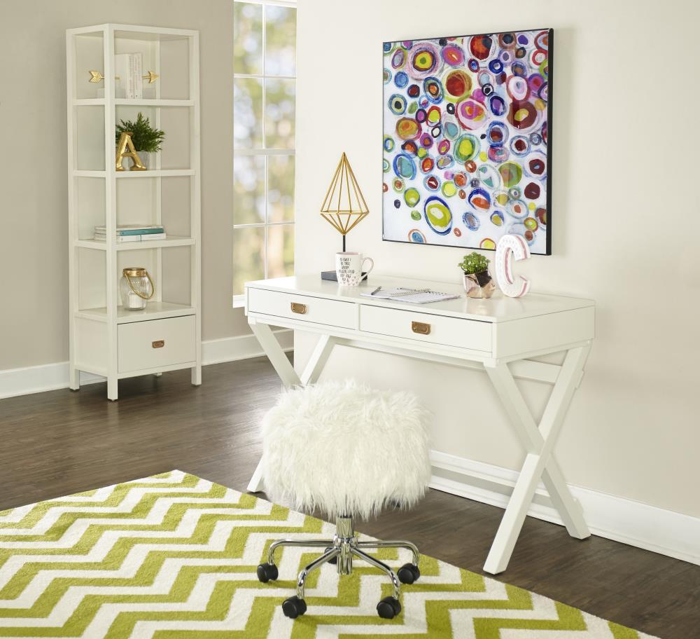 Linon Peggy Transitional Campaign Wood Writing Desk with Drawers White : Pine Frame, MDF Surface, Metal Hardware