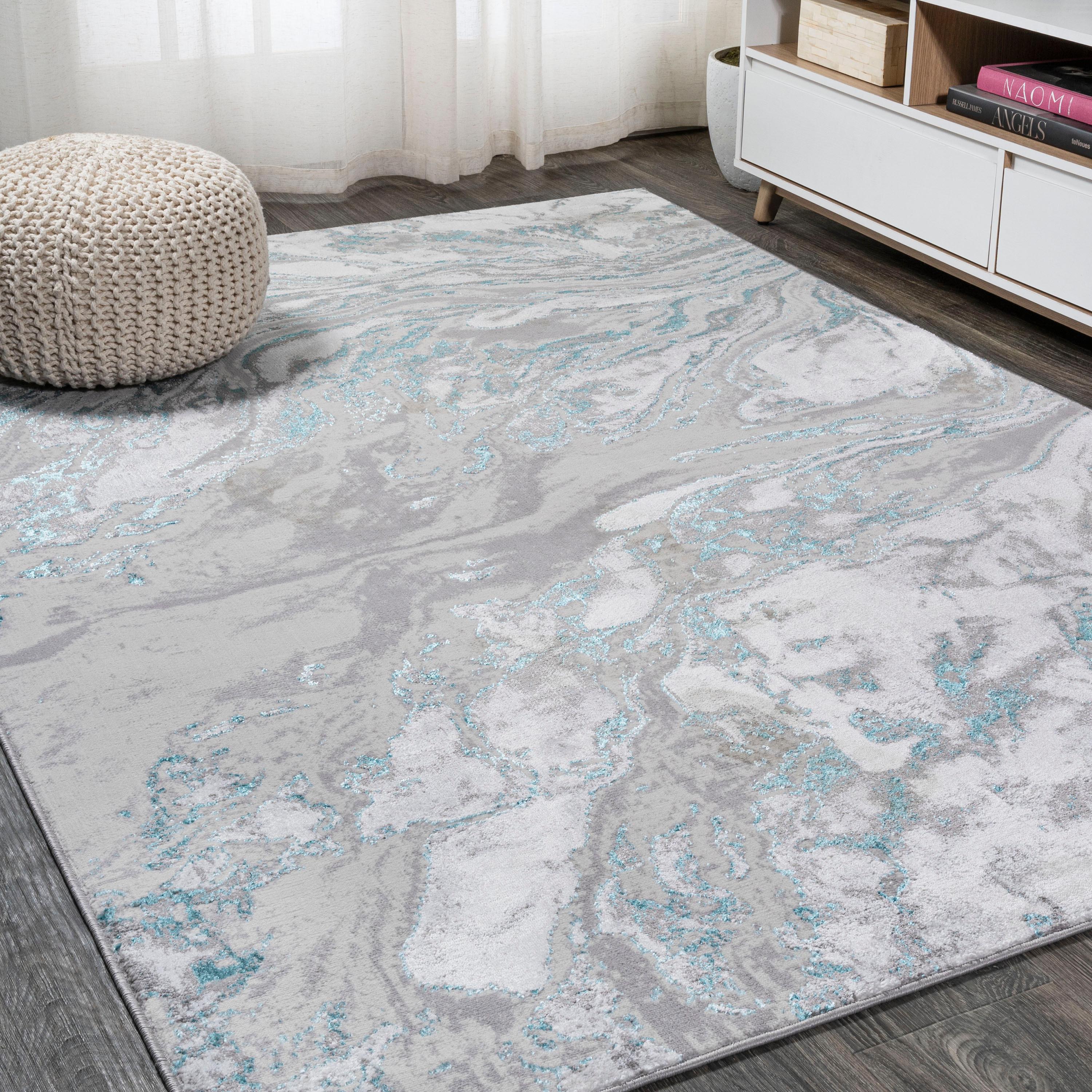 4'x6' Swirl Marbled Abstract Area Rug, Gray/Turquoise - JONATHAN Y