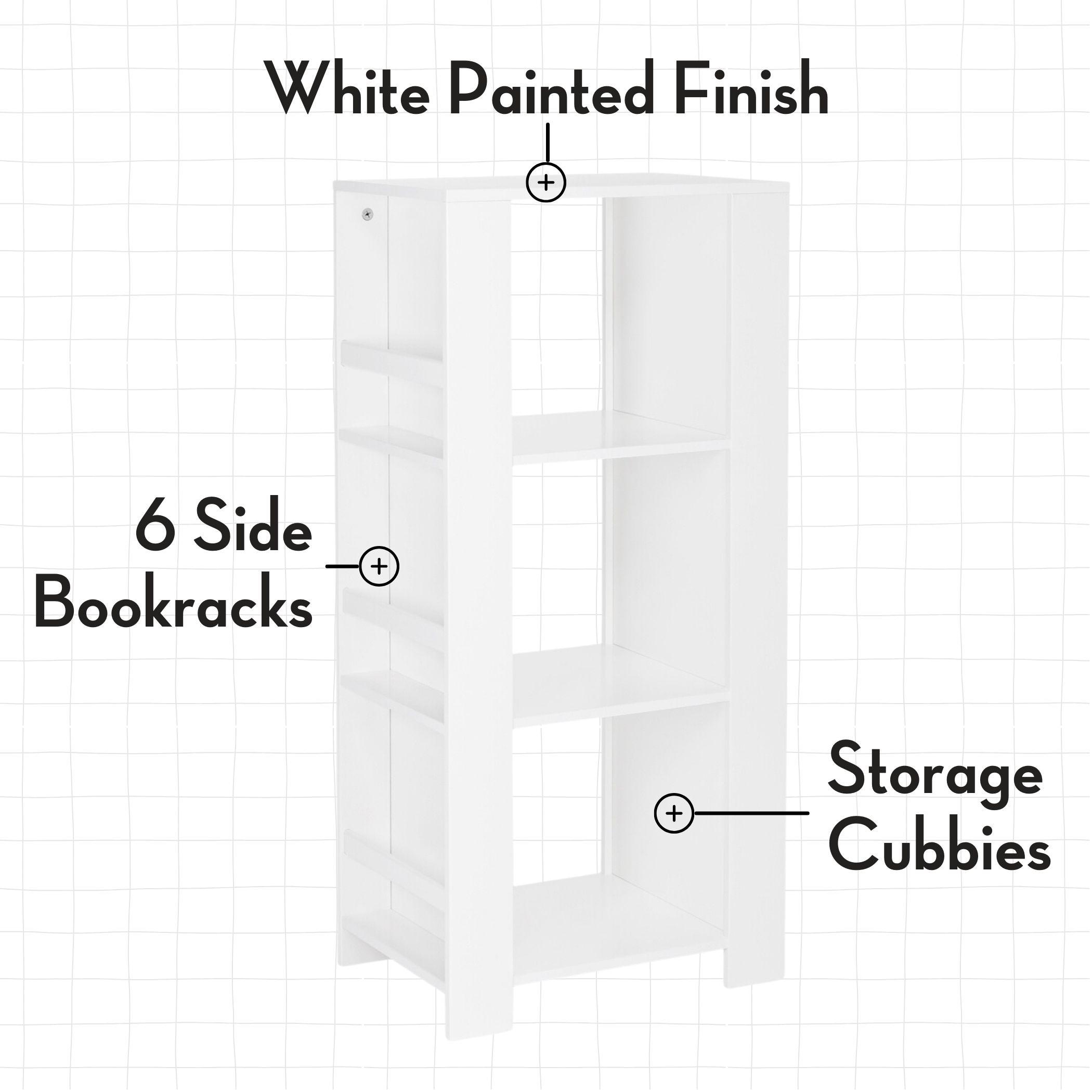 RiverRidge Book Nook Kids Bookshelf and Toy Organizer Tower with 3 Cubbies and 6 Bookracks for Playroom, Nursery, and Reading Nook - White with 2 Fabric Bins