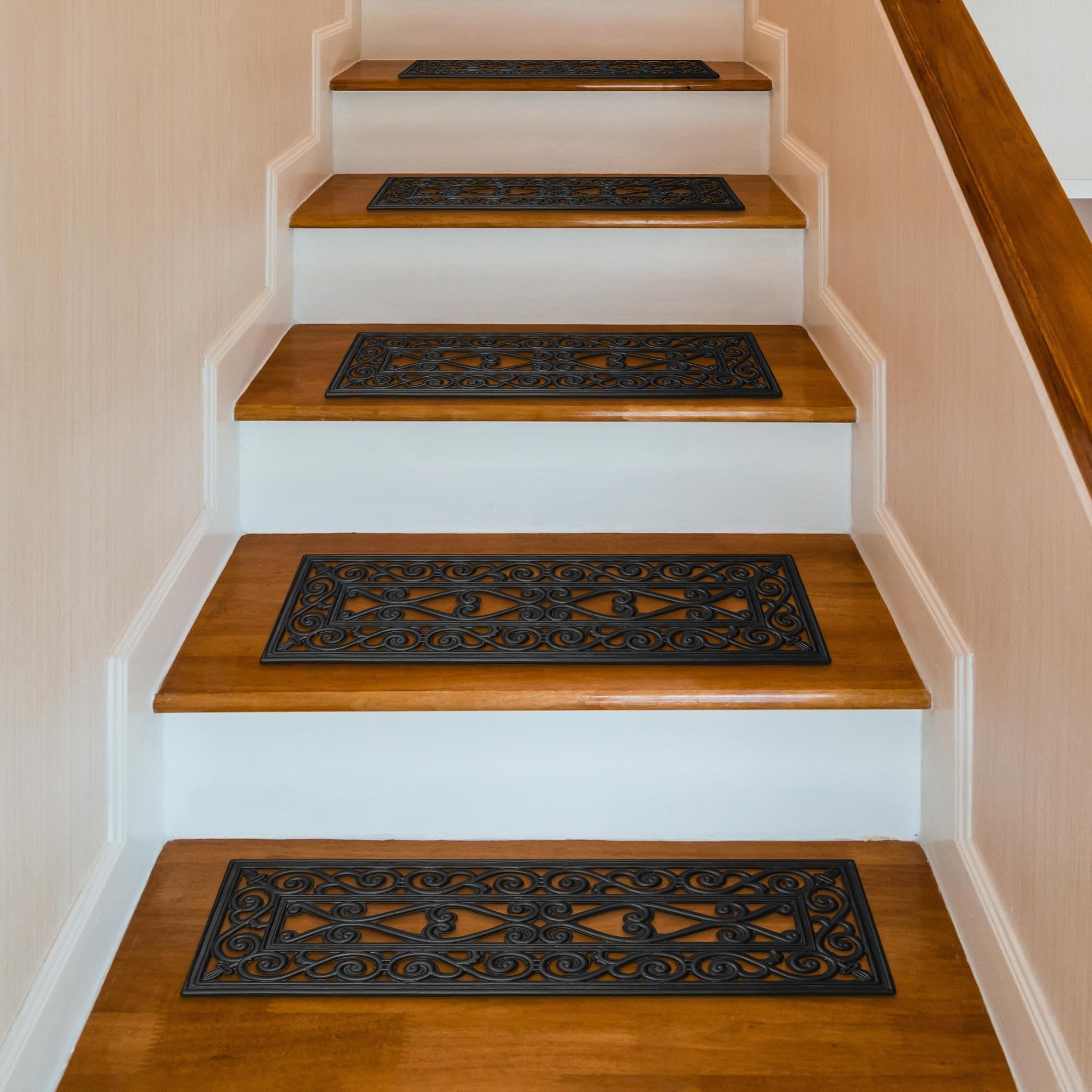 Ottomanson Easy Clean, Waterproof, Low Profile Non-Slip Indoor/Outdoor Rubber Stair Treads, 10" x 30" (5 Pack), Black Wrought