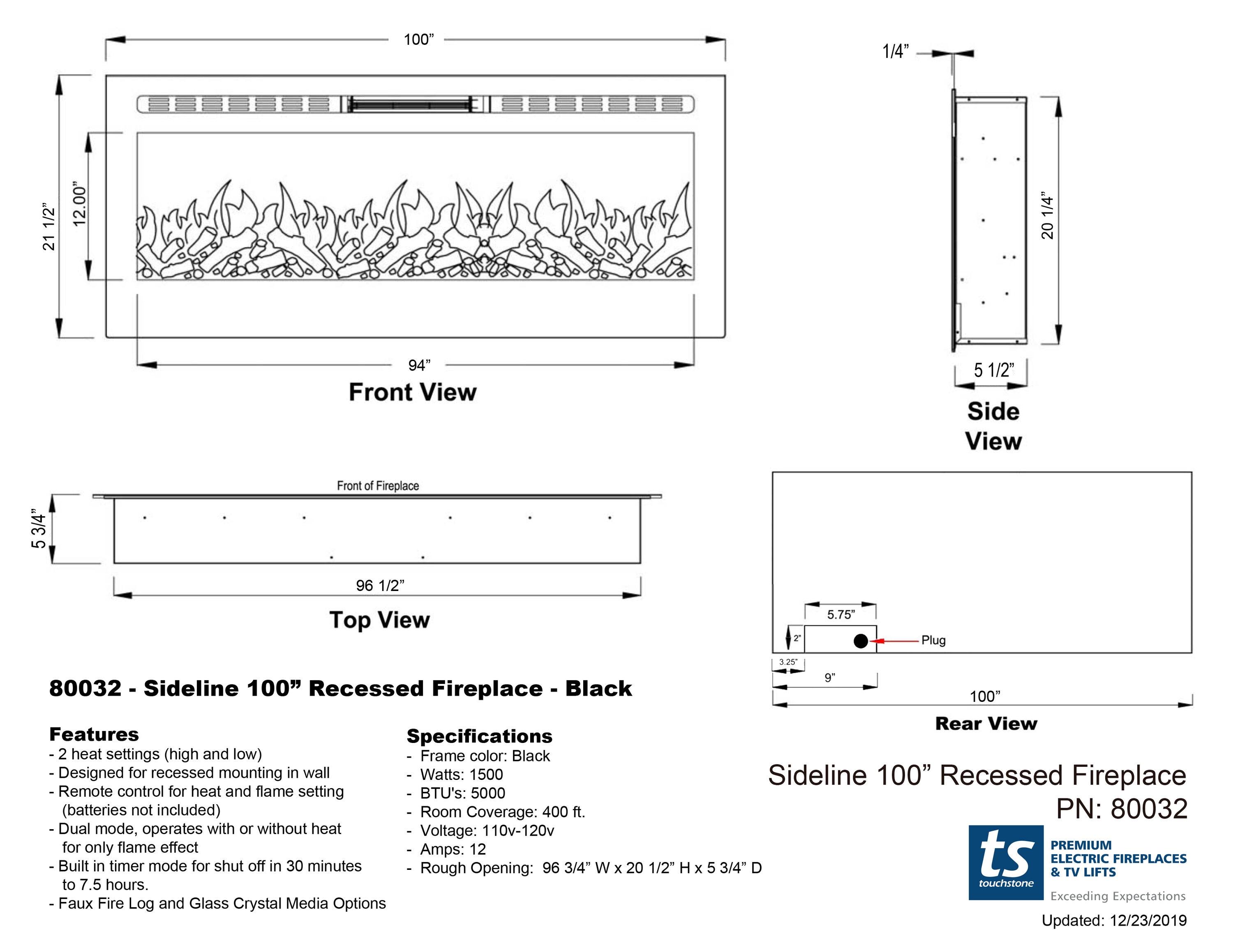 Touchstone The Sideline 100 80032 100" Recessed Electric Fireplace