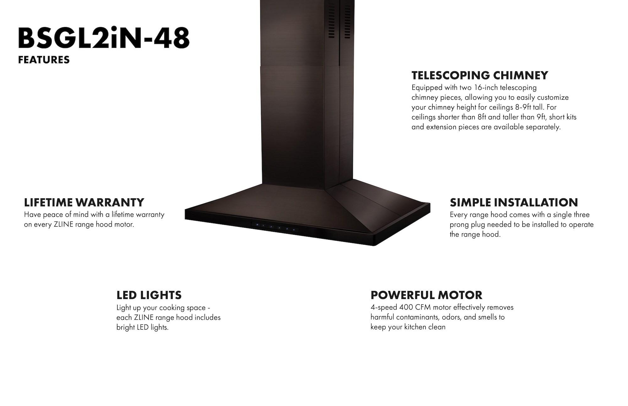 ZLINE 30" Convertible Vent Island Mount Range Hood in Black Stainless Steel (BSGL2iN-30)