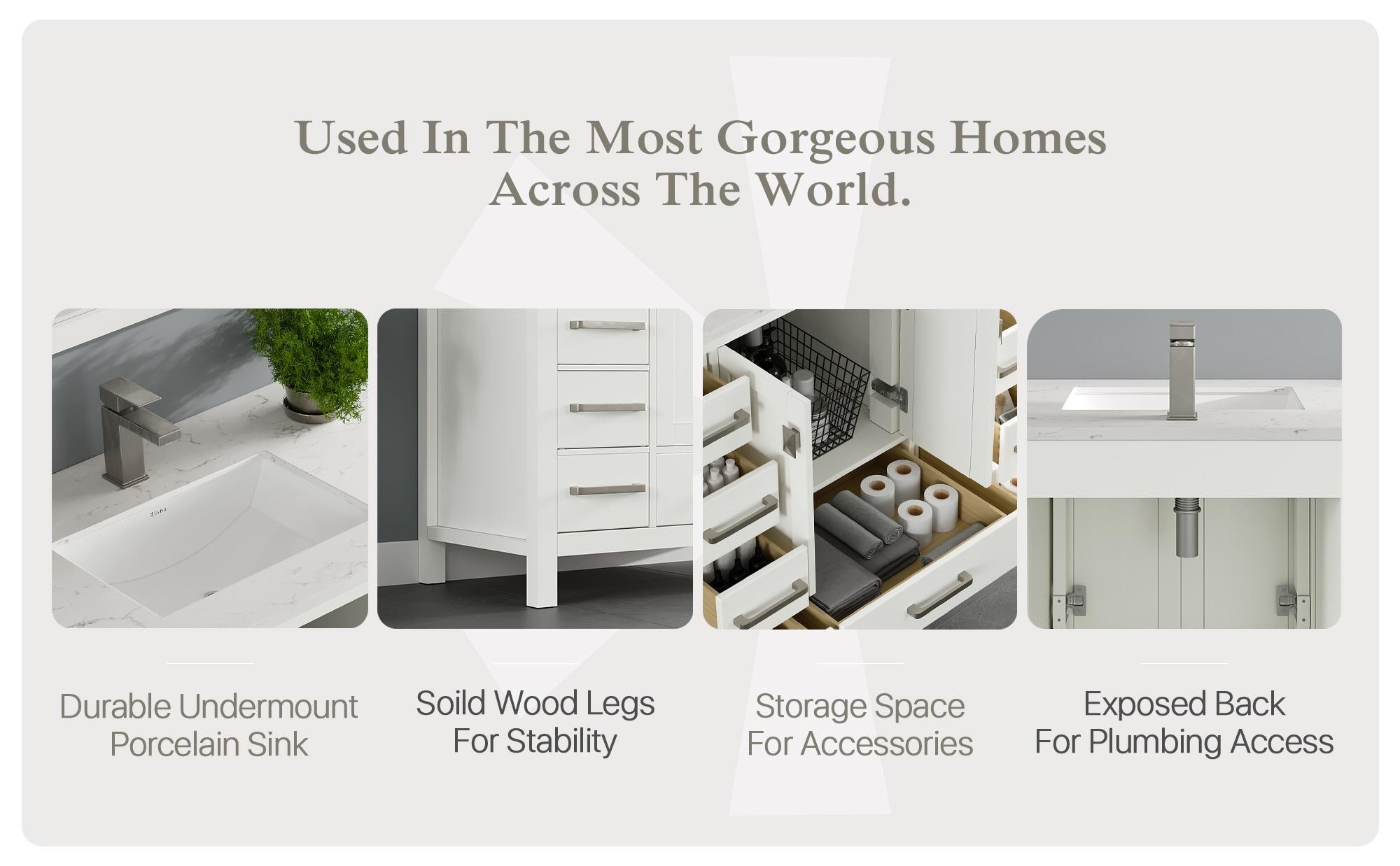 Eviva London 42"W x 18"D White Bathroom Vanity with White Carrara Quartz Countertop and Undermount Porcelain Sink