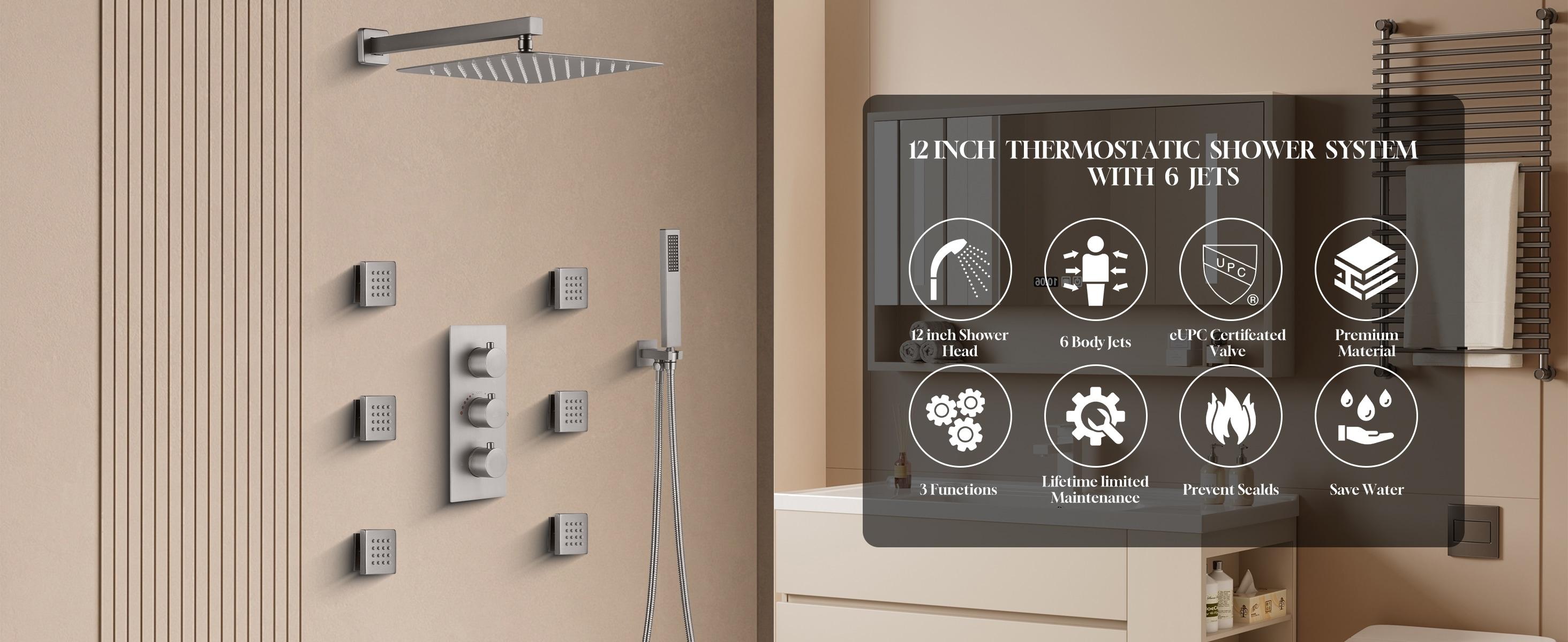 Revitalize 12 Inch Luxury Thermostatic Complete Shower System with Rough-in Valve