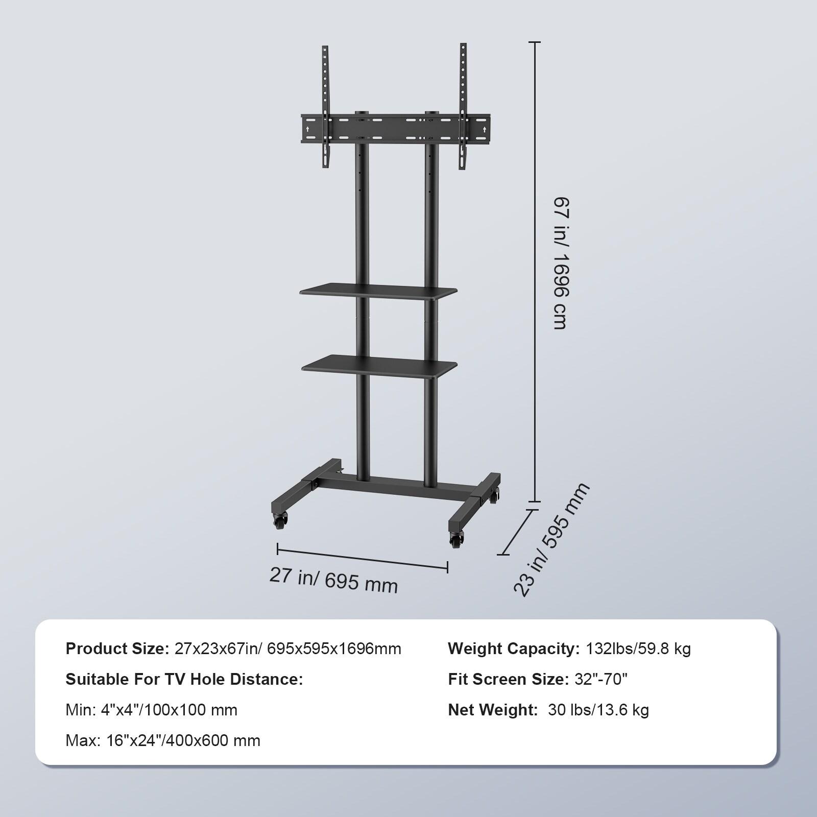 Black Adjustable Mobile TV Stand with Double Tray for 32-70 inch TVs