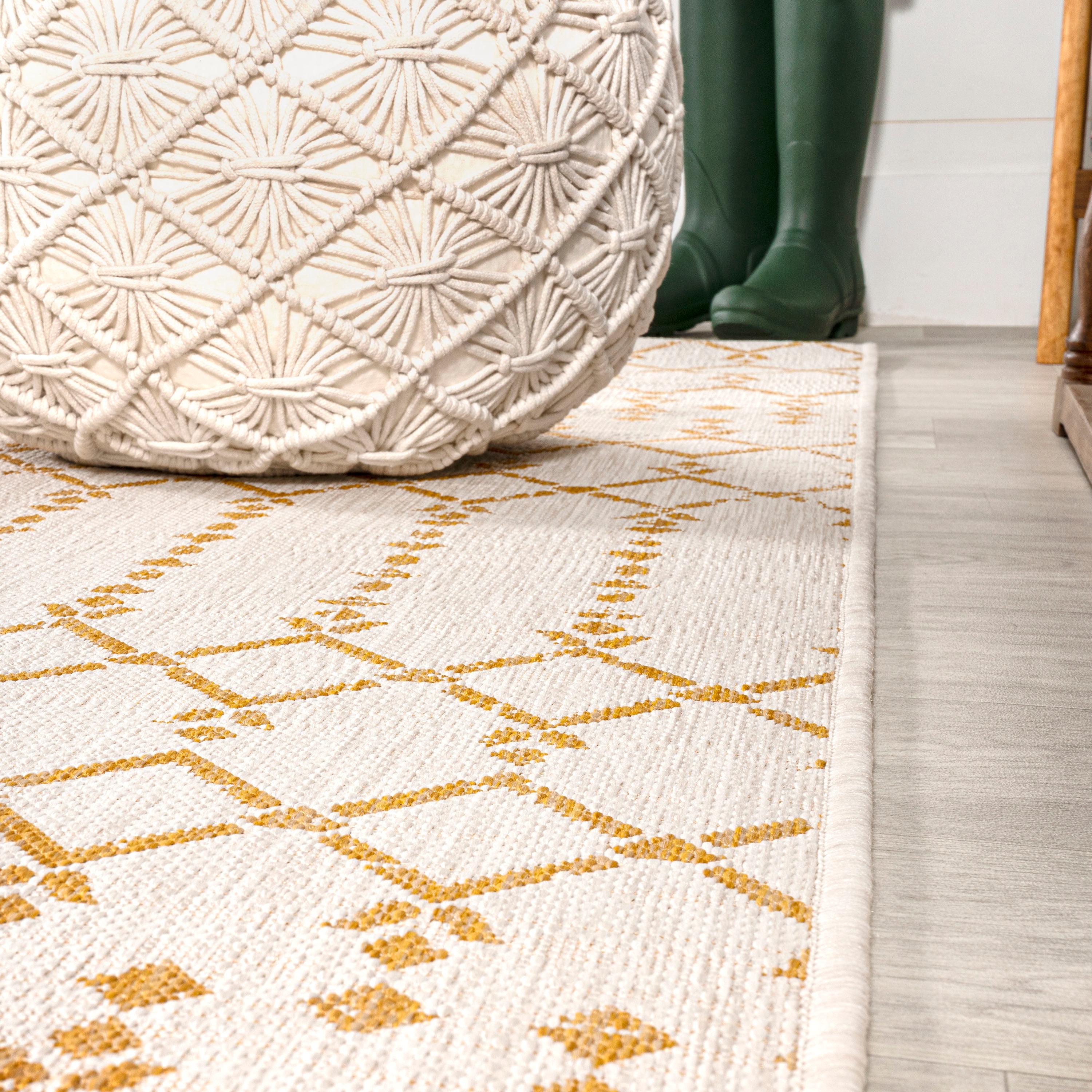 2' x 10' Ourika Moroccan Geometric Textured Weave Indoor/Outdoor Runner Rug, Cream/Yellow - JONATHAN Y