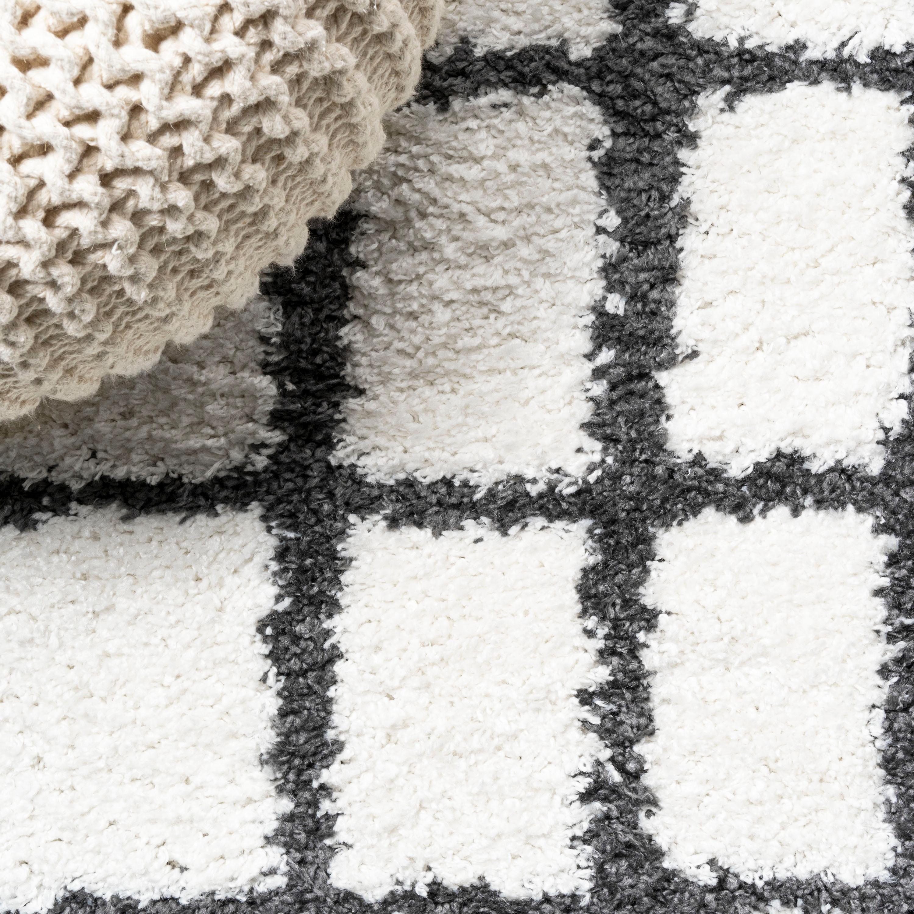 4'x6' Arenal Geometric Grid Shag Area Rug, White/Black - JONATHAN Y