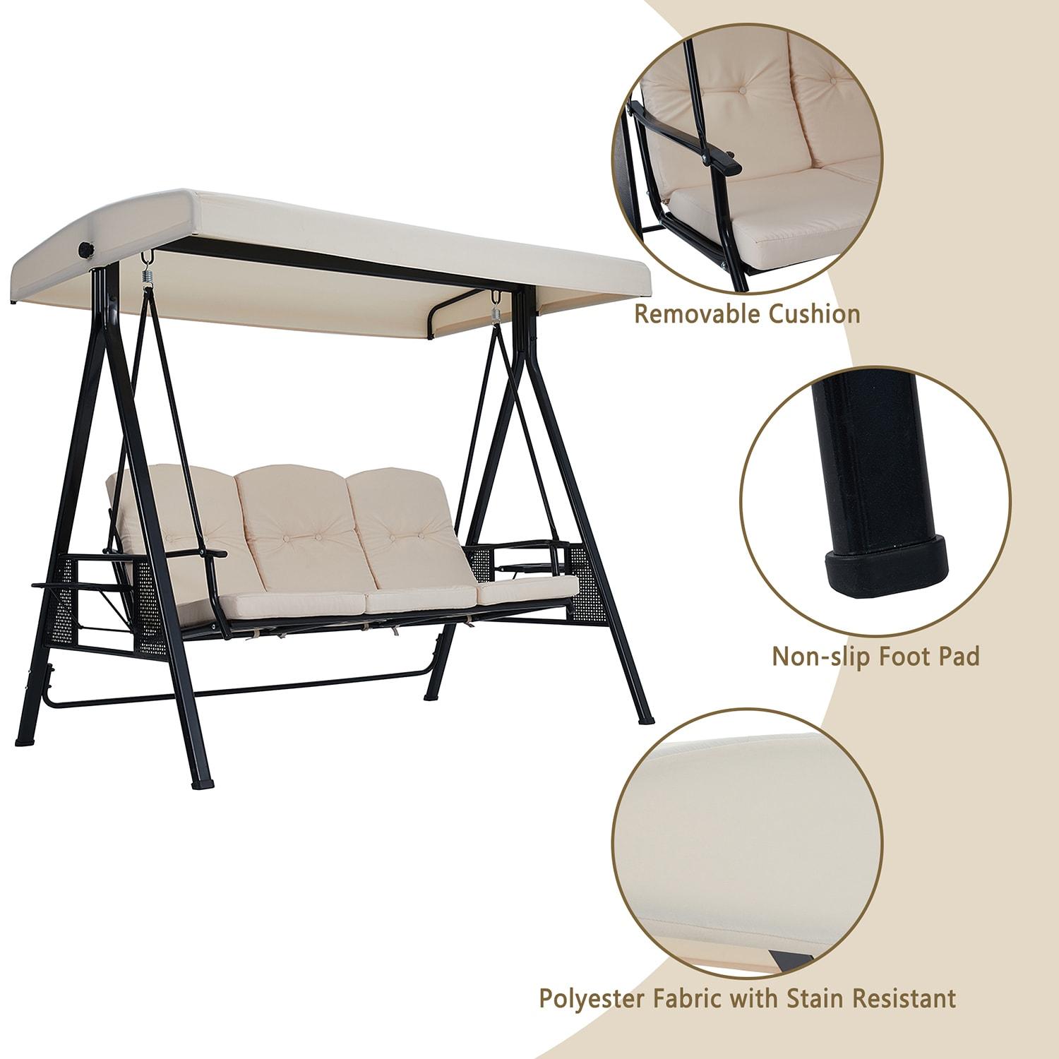 Outsunny 3-Seat Outdoor Patio Swing with Adjustable Tilt Canopy, Cushions, Pillow, Steel Frame, Side Tray, Cup Holder, Beige