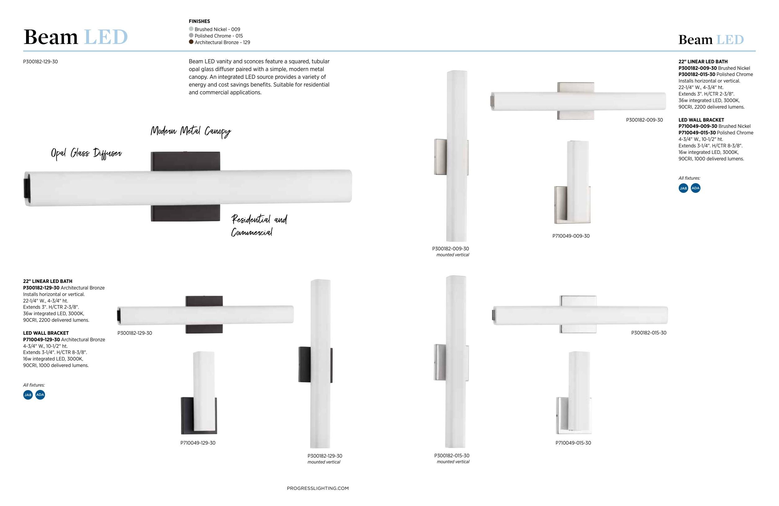 Progress Lighting, Beam Collection, 1-Light LED Wall Bracket, Brushed Nickel, Opal Glass Shade