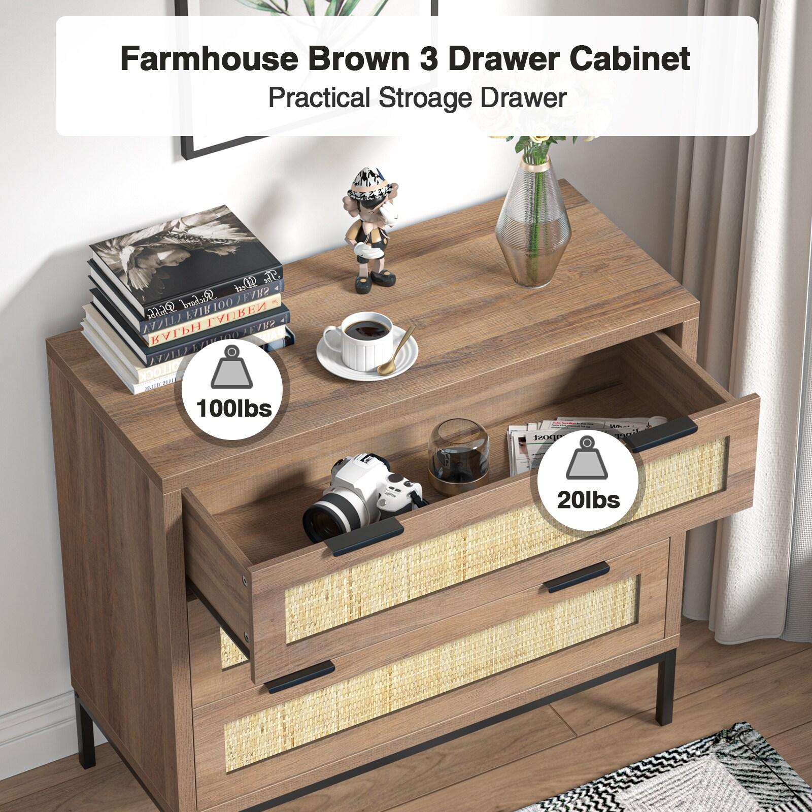 Anmytek 3 Drawer Cabinet for Bedroom, Oak Rattan Cabinet Closet Cabinet Chest of Drawers, Wood Cabinet 3 Drawer Storage Chest for Bedroom, Hallway, Nursery