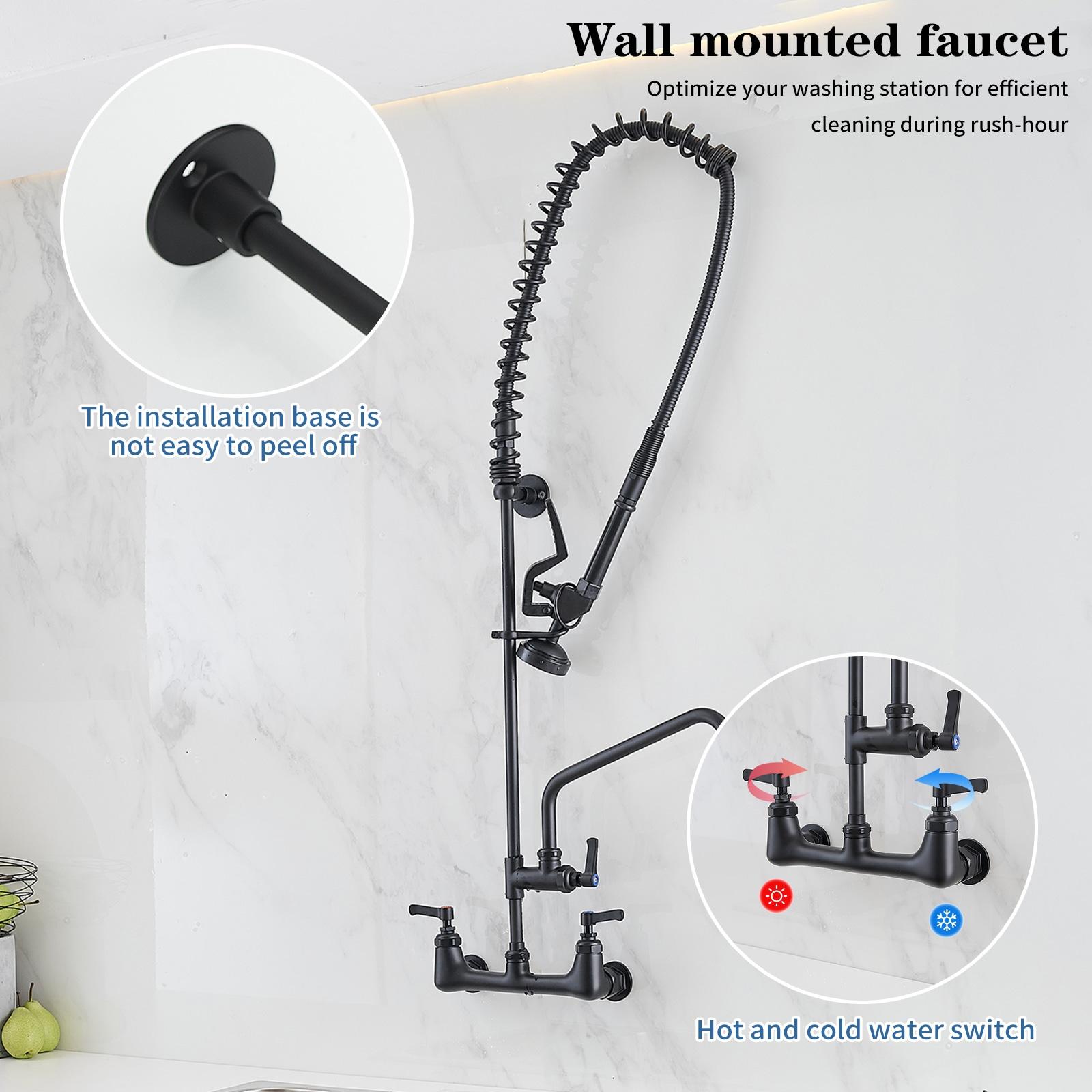 BWE Commercial Restaurant Pull Down 2-Handle Wall Mount Pre-Rinse Spray Utility Kitchen Faucet