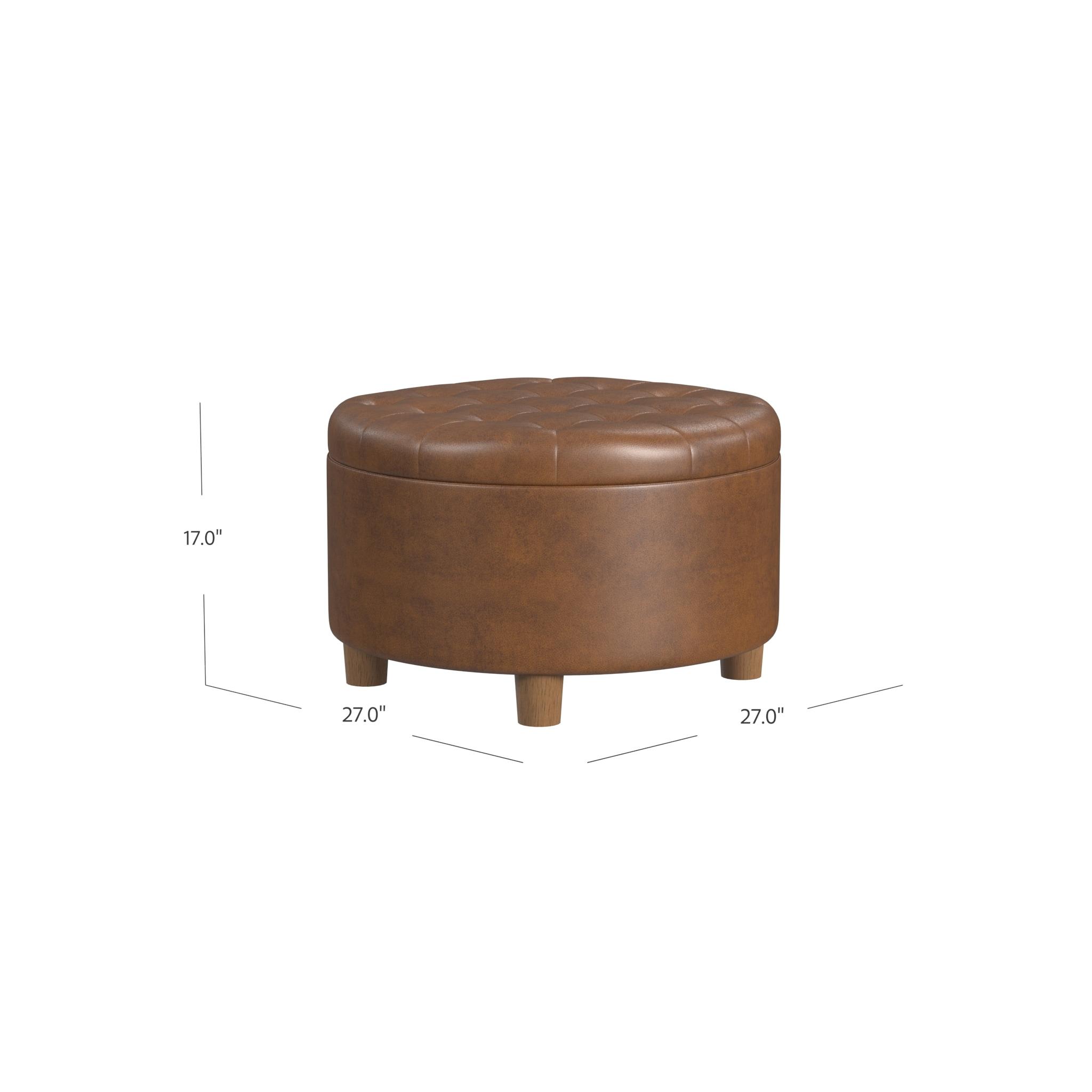 HomePop Tufted Faux Leather Round Storage Ottoman Brown: Upholstered Traditional Decor, Hardwood Frame