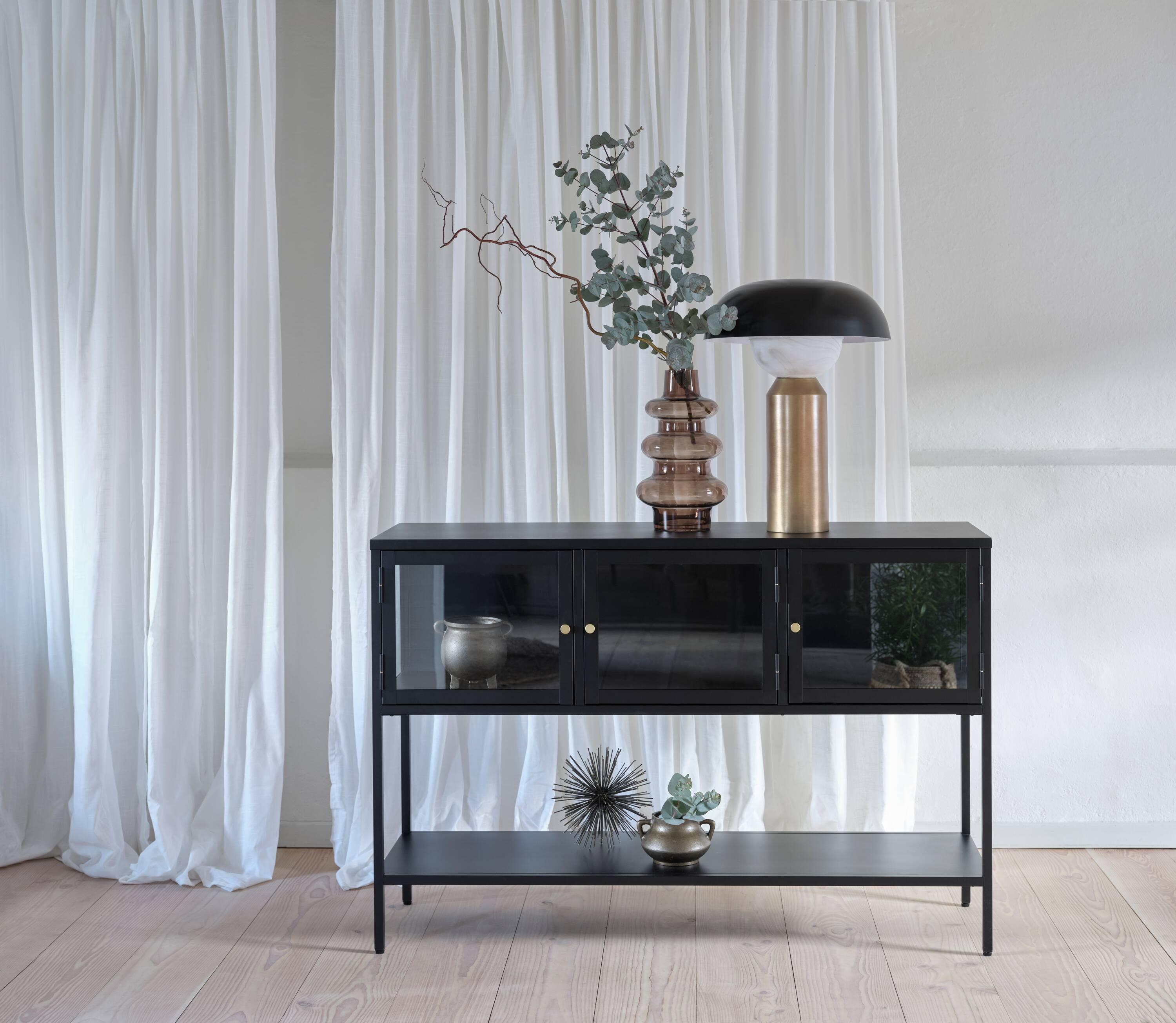 52-Inch Black Metal and Glass Sideboard with Brass Knobs