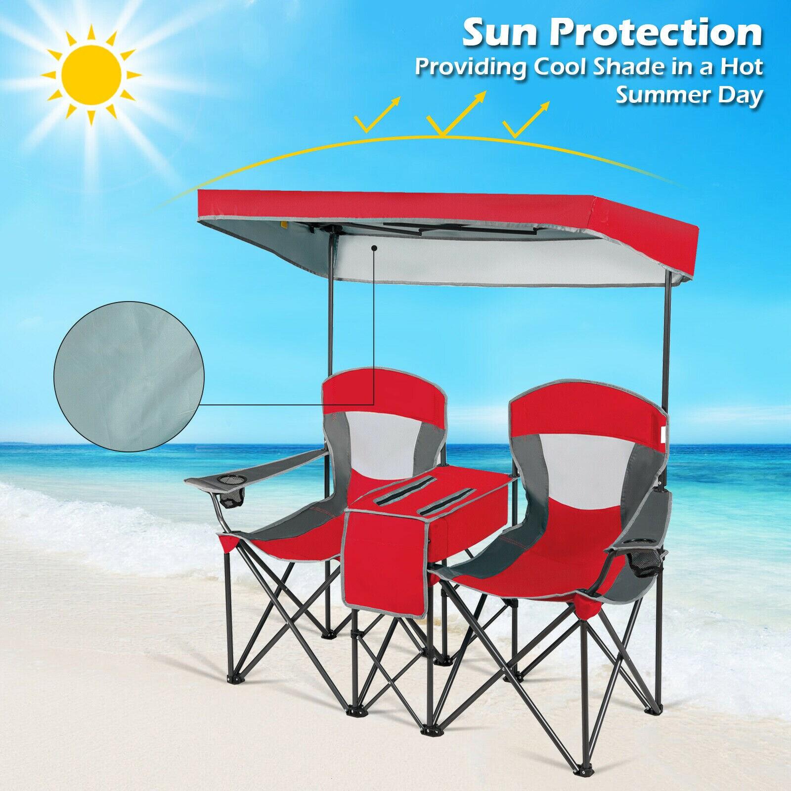 Costway Portable Folding Camping Canopy Chairs w/ Cup Holder Cooler Outdoor Red