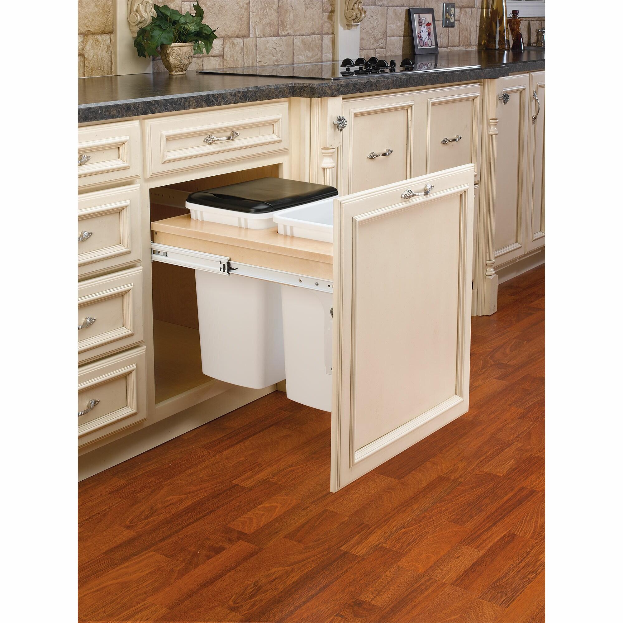 Rev-A-Shelf Double Pullout Trash Can for Base Kitchen/ Bathroom Cabinets, 35 Qt Wood Top Mount Garbage Bin, 18" x 1.5" Face-Frame, White, 4WCTM-21DM2