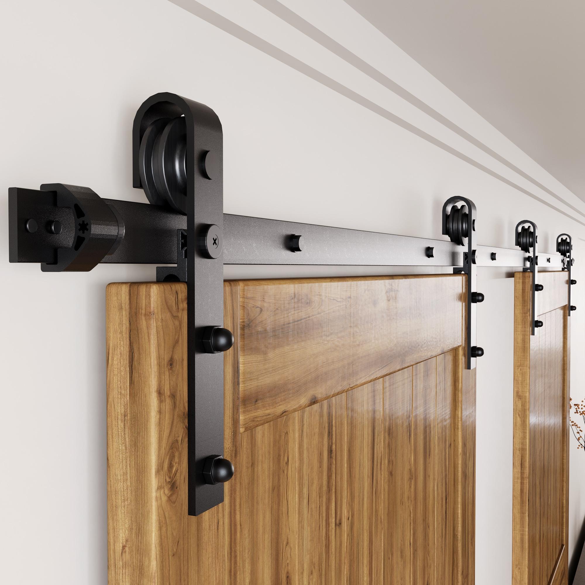 Homacer Black Rustic Sliding Barn Door Hardware Kit, for Two Doors, 7ft Long Flat Track, Classic Design Roller, Heavy Duty, for Interior Use(Doors Not Included)