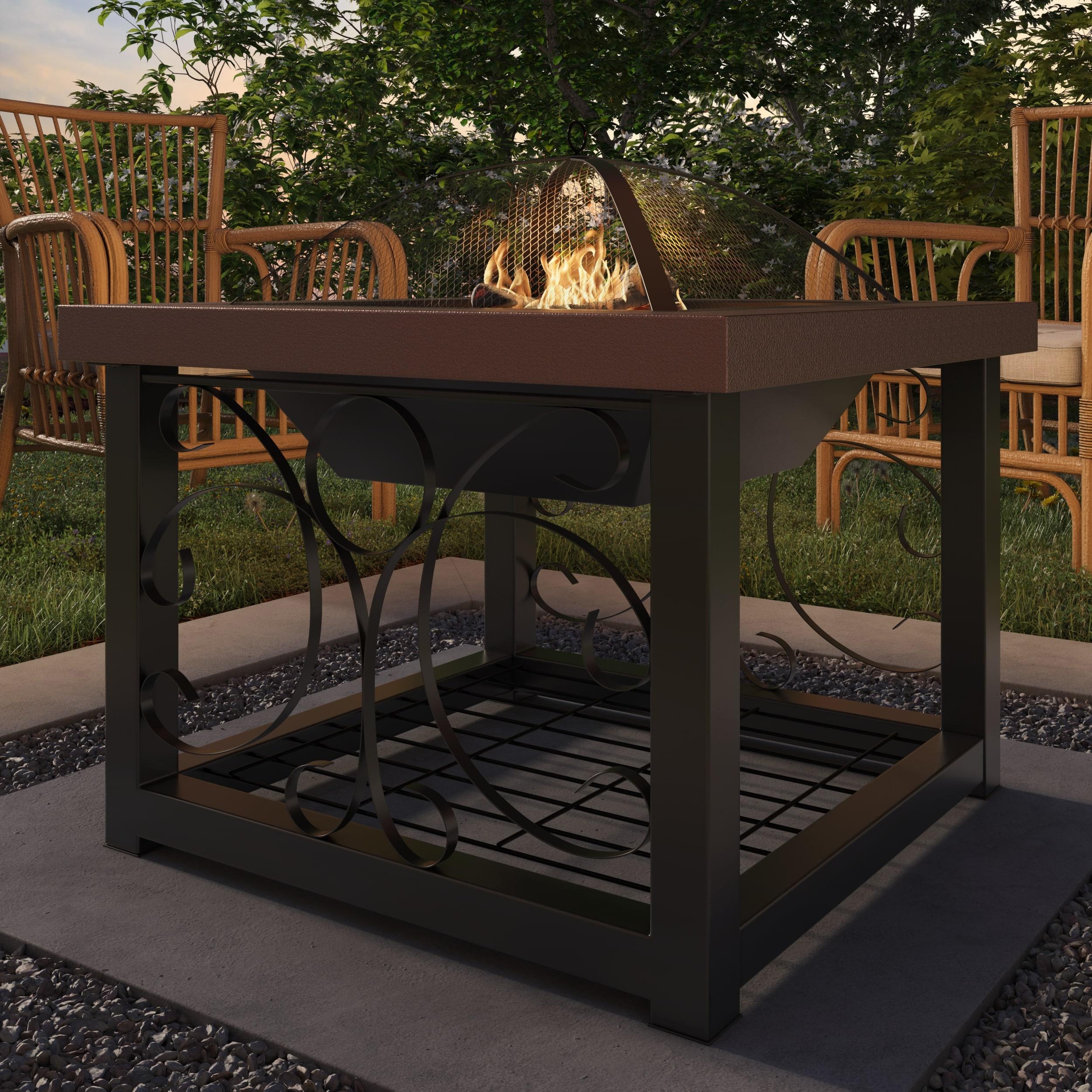Fire Sense Fire Pit Cocktail Square Table Wood Burning Mesh Spark Screen Wood Grate with Storage Rack – Hammered Bronze Finish