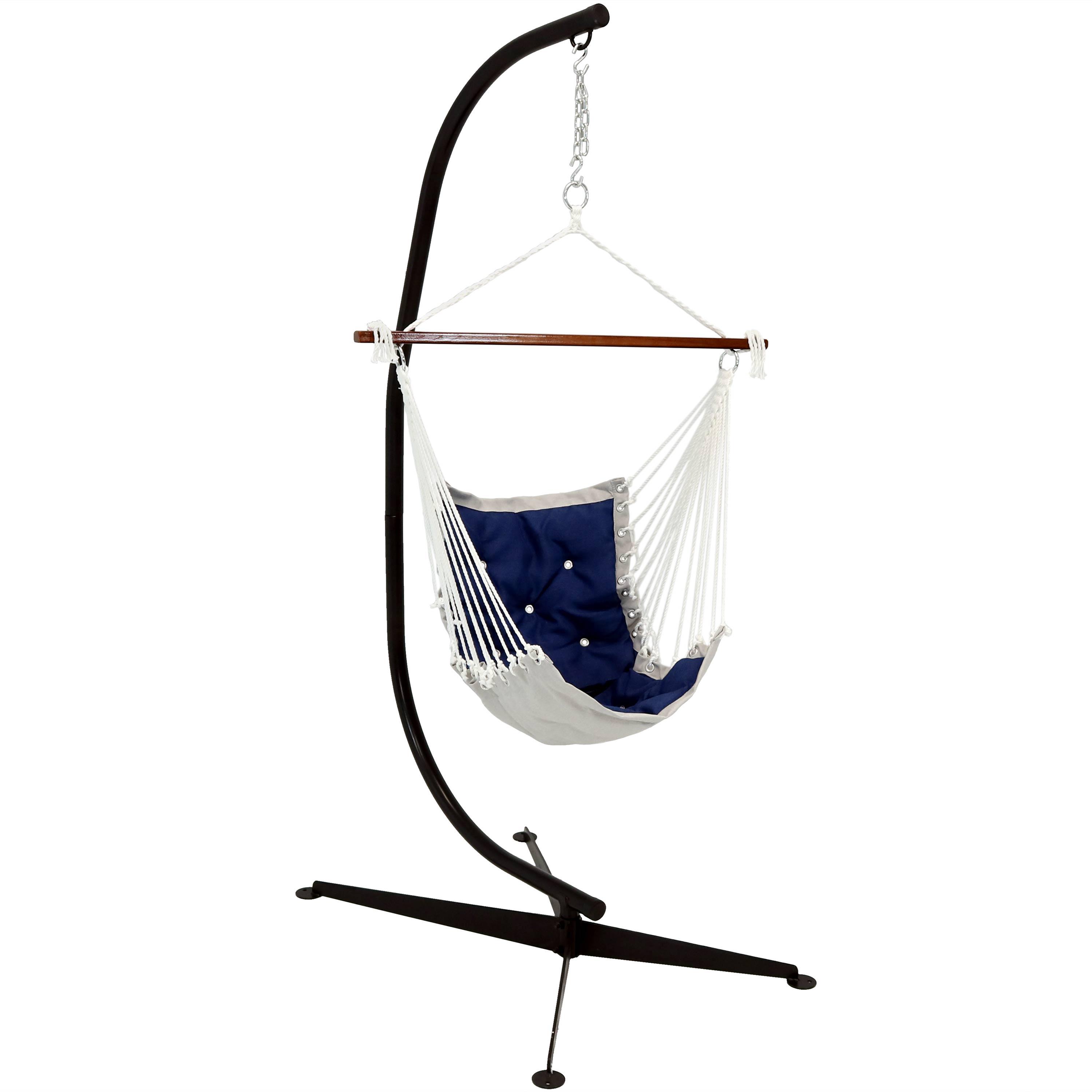 Sunnydaze Large Tufted Victorian Hammock Chair Swing with C-Stand - 300 lb Weight Capacity - Navy Blue