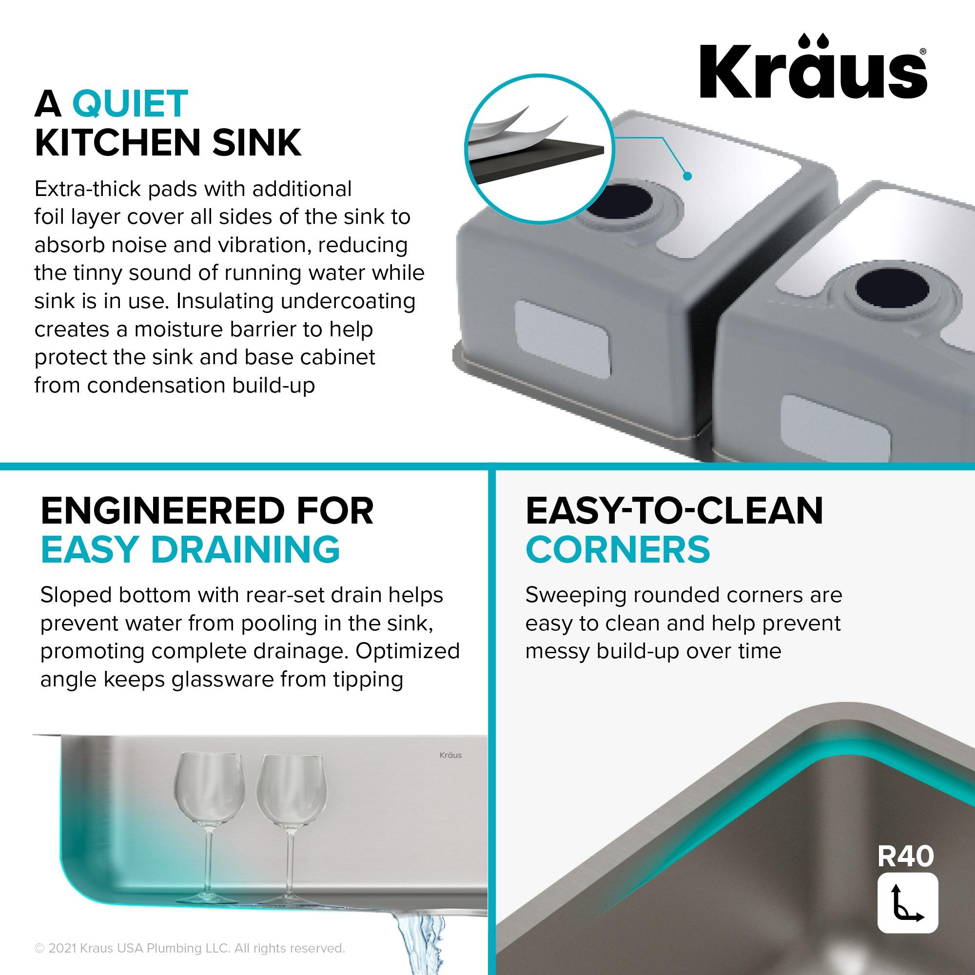 Dex™️ Series KRAUS 33-inch L Undermount 50/50 Double Bowl TRU16 Gauge Stainless Steel Kitchen Sink with DrainAssure WaterWay