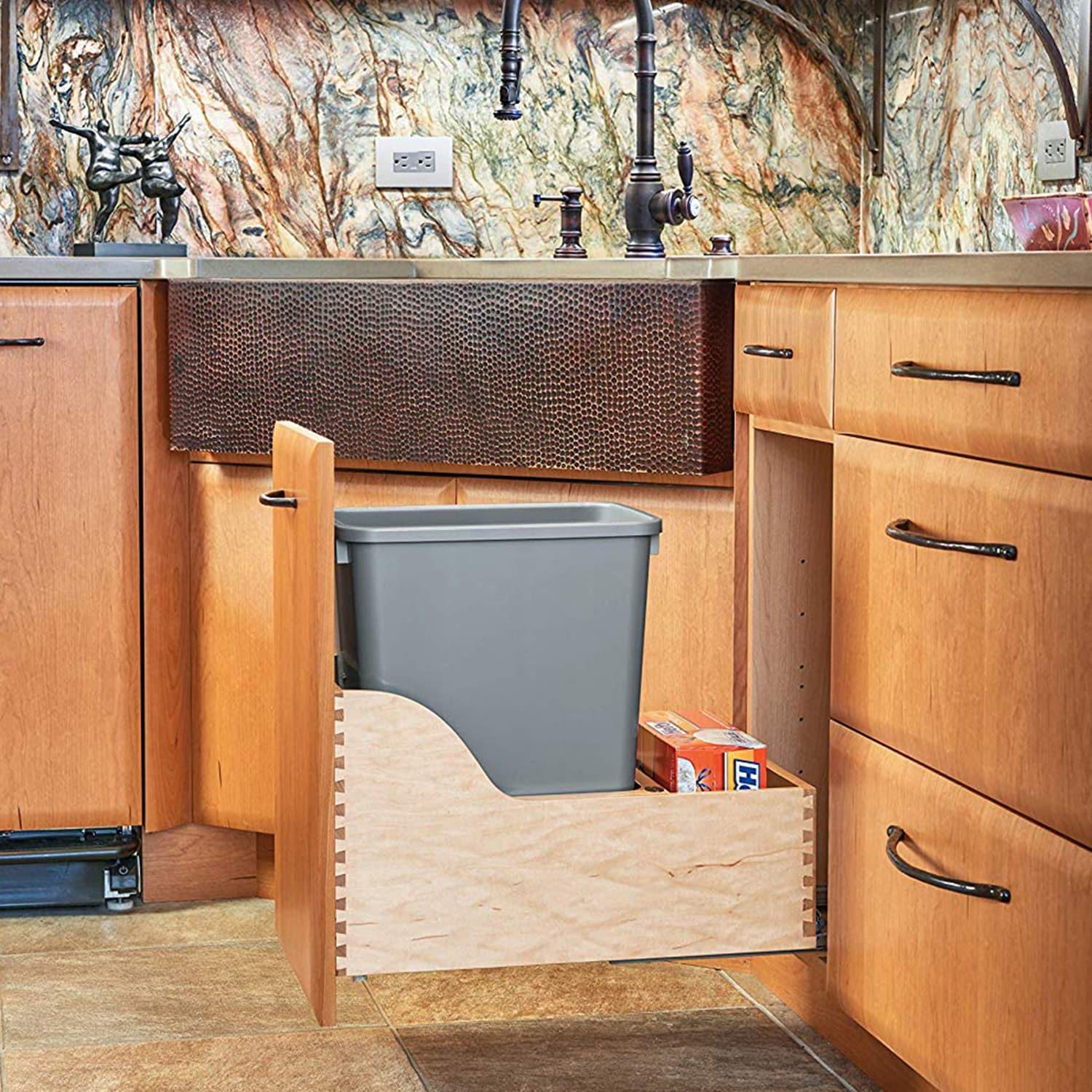Rev-A-Shelf Pullout Trash Can for Kitchen Cabinets 35 Qt 8.75 Gal Bottom Mounted, Rear Storage, Undermount Soft-Close Slides, Silver, 4WCSC-1535DM-1