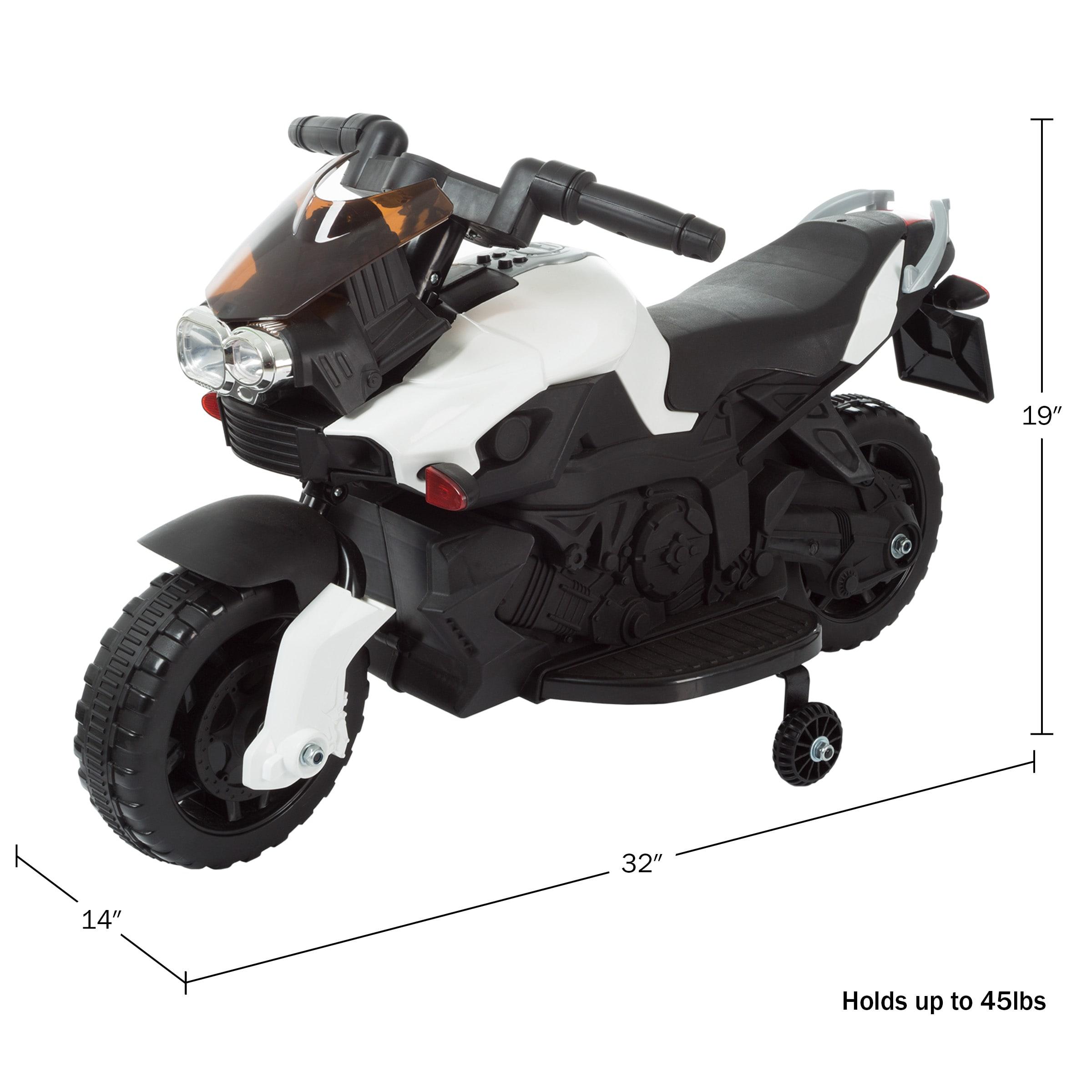 Toy Time Kids Motorcycle - Electric Ride-On with Training Wheels and Reverse Function - White and Black