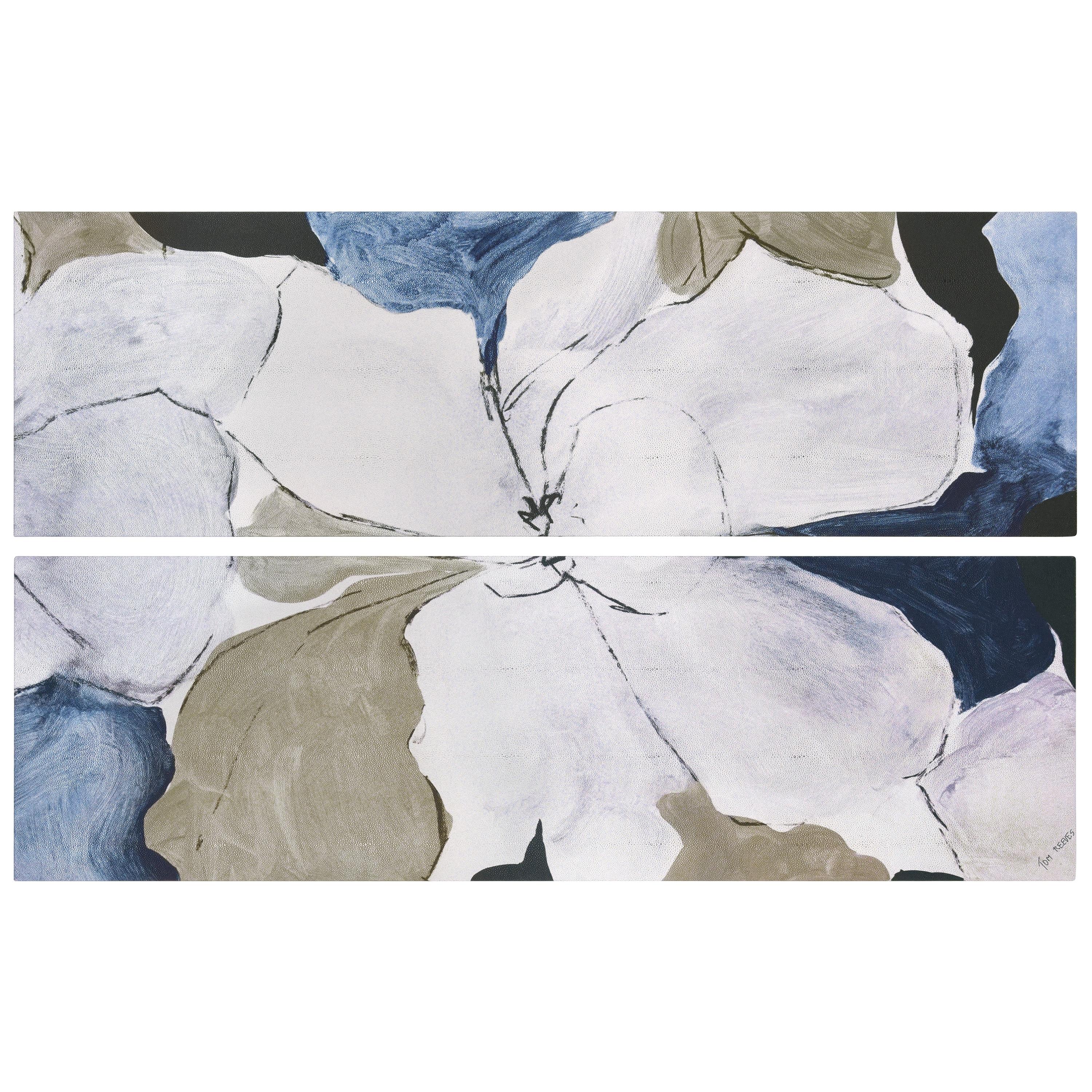 "Floral Serenity I & II", Flower Abstract Artwork on Silver Shagreen Wrapped Canvas Wall Art Set