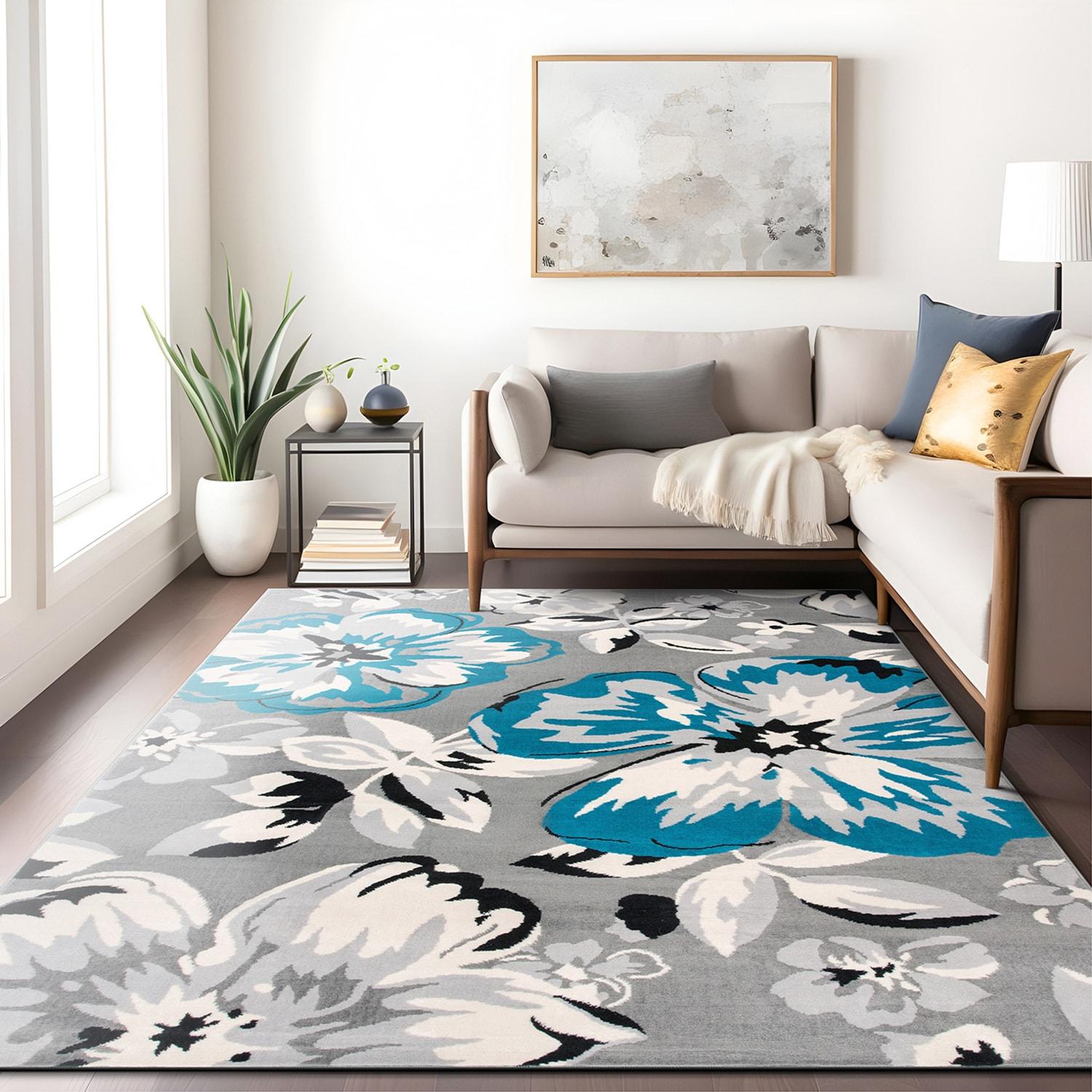 World Rug Gallery Modern Floral Design Blue 5' x 7' Area Rug