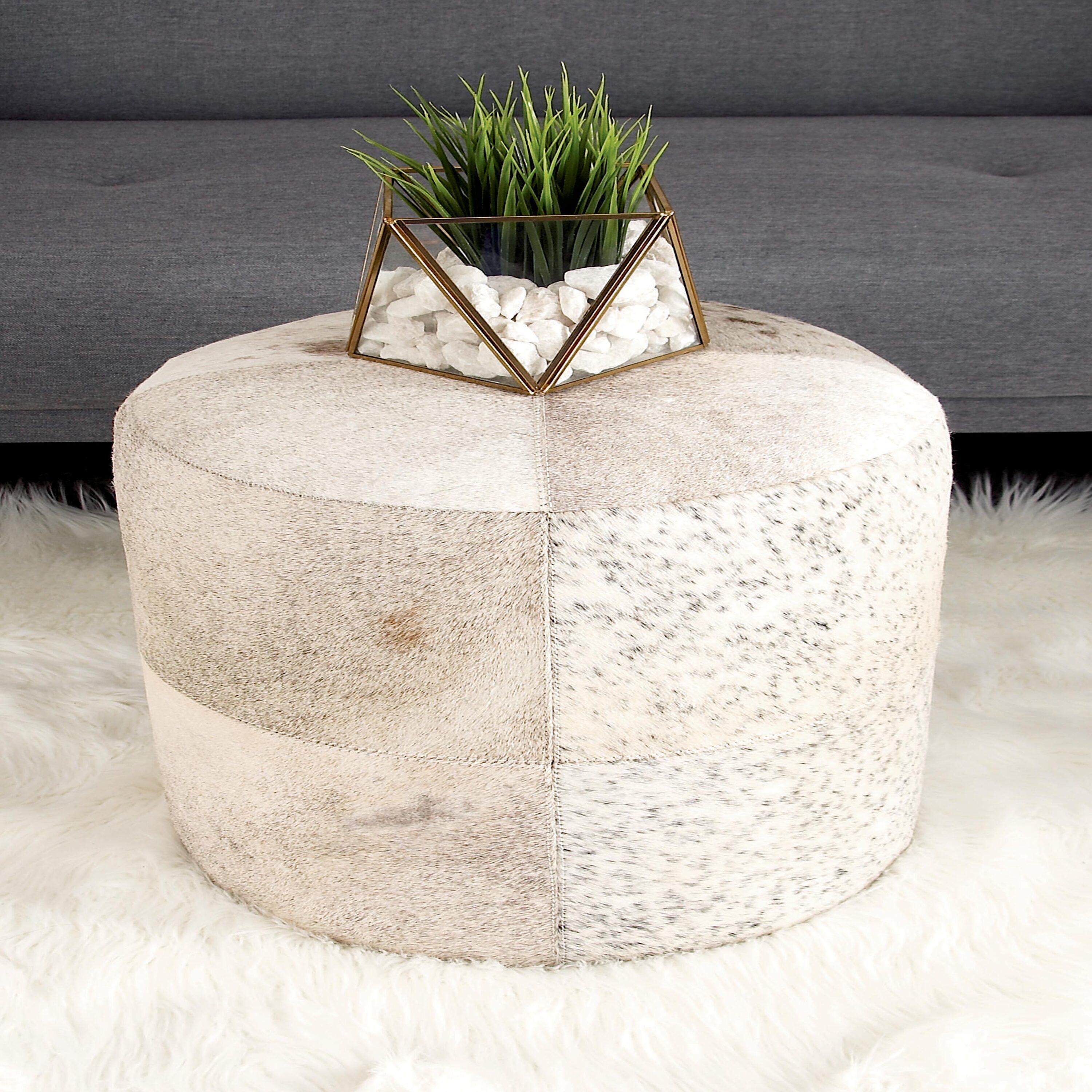 Wilson Smoke Gray and Brown Leather Hide Round Ottoman