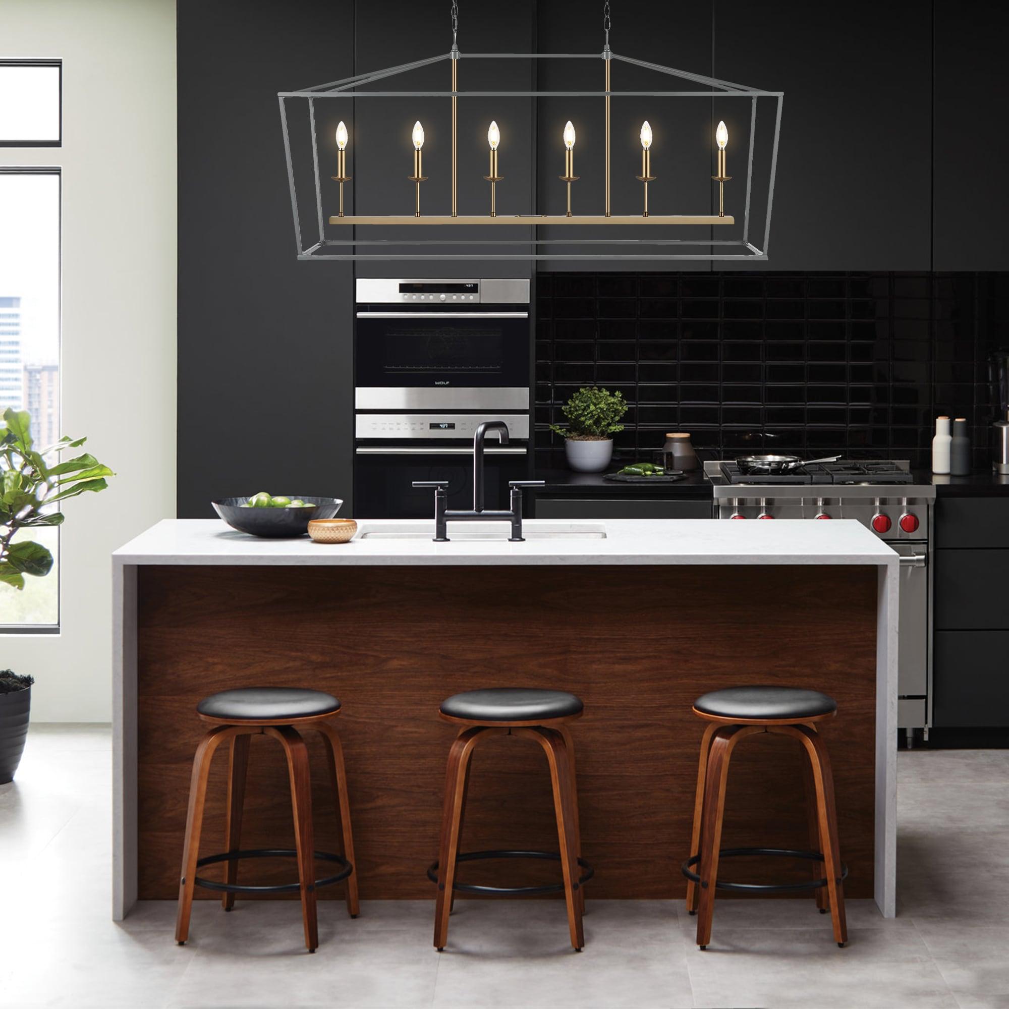 Pagoda 49" Linear 6-Bulb Classic Traditional Metal LED Pendant, Gray/Brass Gold