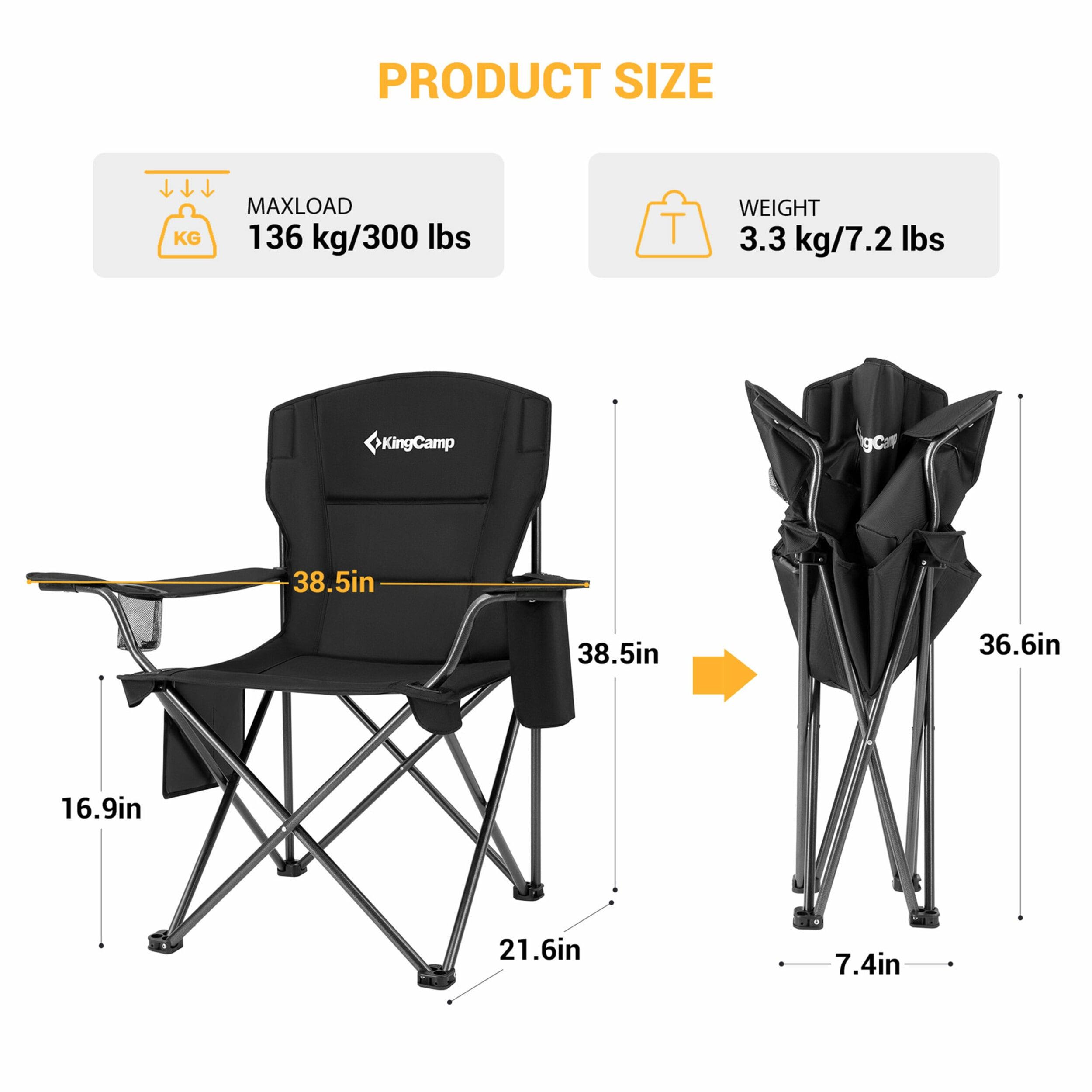 KingCamp Padded Portable Outdoor Folding Lounge Chairs with Built In Cupholder, Insulated Cooler Sleeve, and Side Storage Pocket, Black