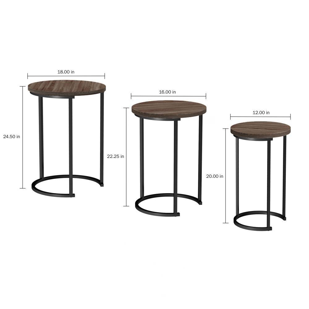 Hastings Home Set of 3 Round End Tables with Woodgrain-Look and Black Metal Base, Gray/Brown