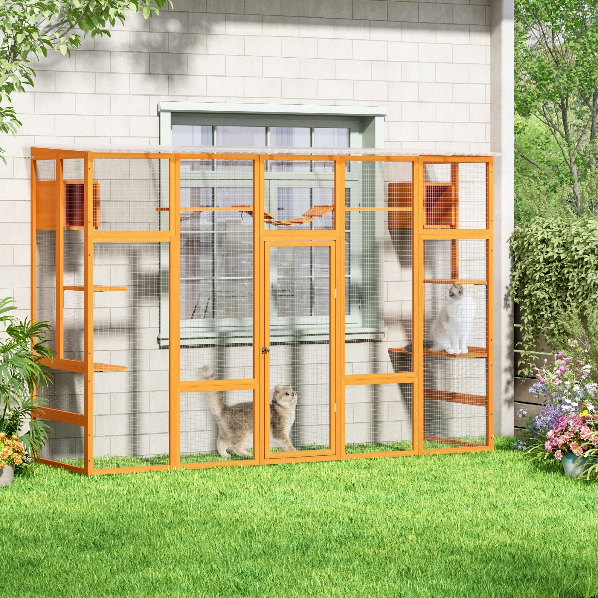 COZIWOW Outdoor Cat Enclosure, Catio Pet Safe House, 104" Extra Large Indoor Window Box with 7 Platforms, Resting Houses, and Walk-In Door, Orange