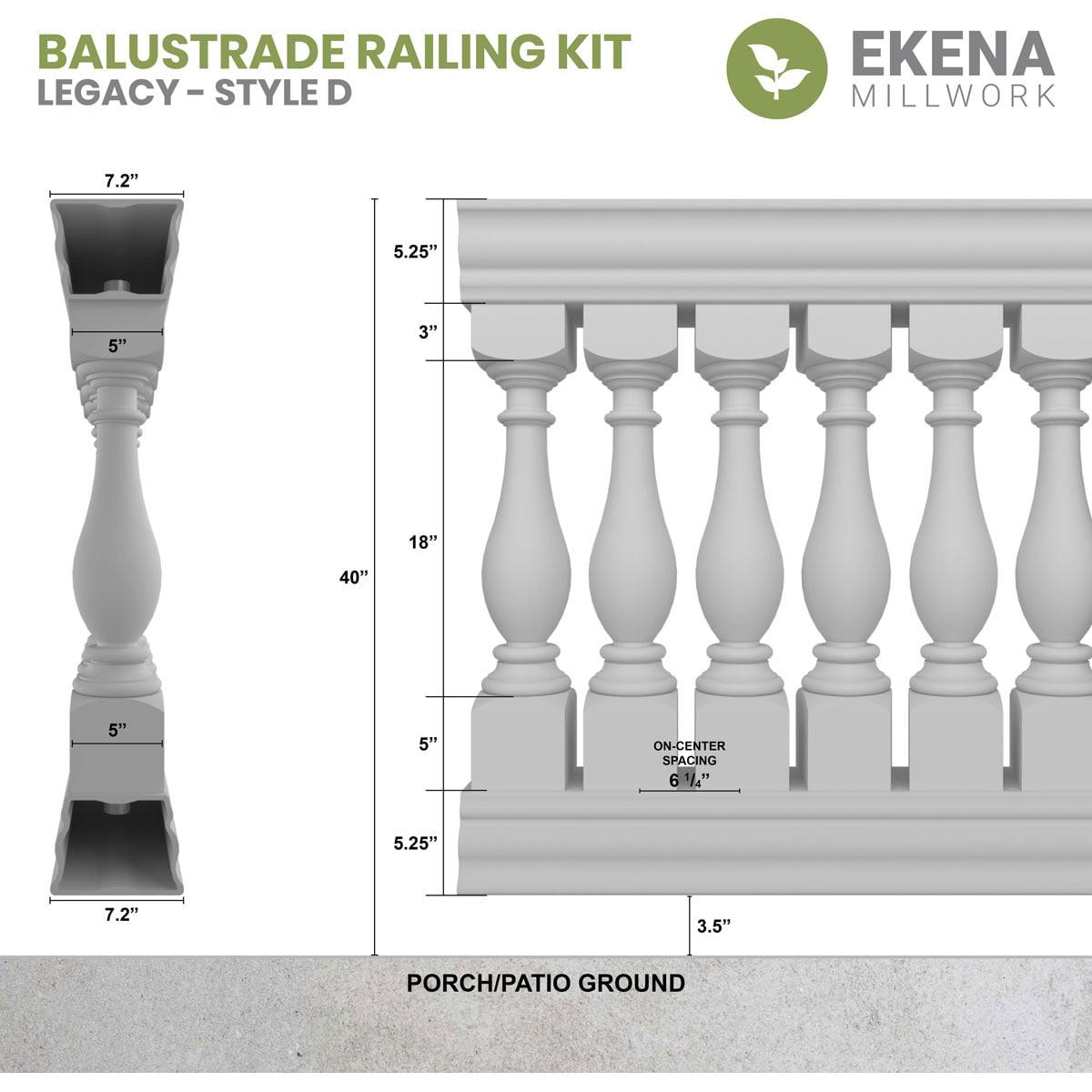 Ekena Millwork 40"H x 3'L Fiberthane Legacy Unassembled Balustrade Railing Kit, Style D (6 1/4" On-Center Spacing to Pass 4" Sphere Code)