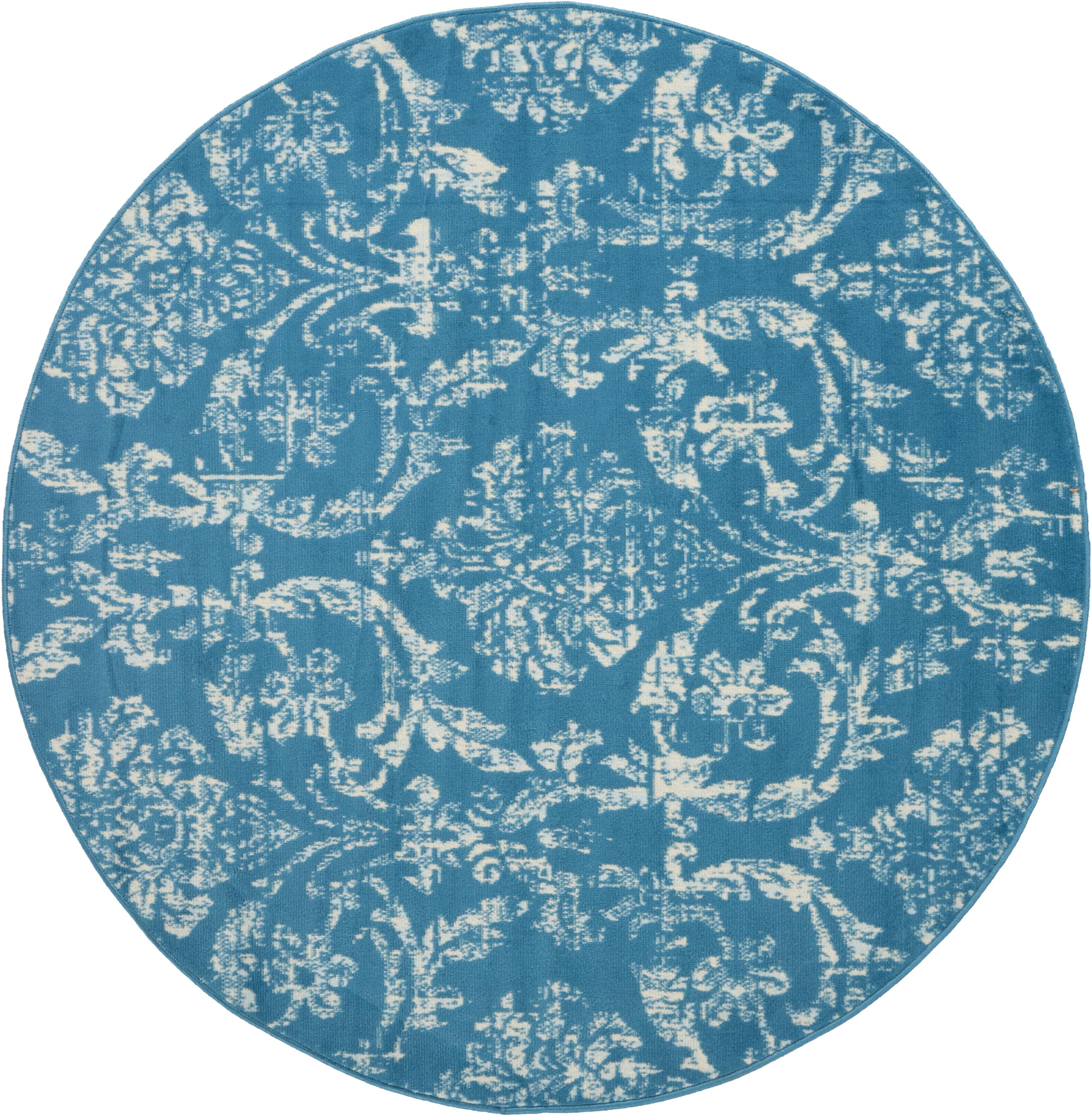 Nourison Jubilant 5'3" x ROUND (5' Round) Blue Area Rug Farmhouse Vintage Damask by Nourison