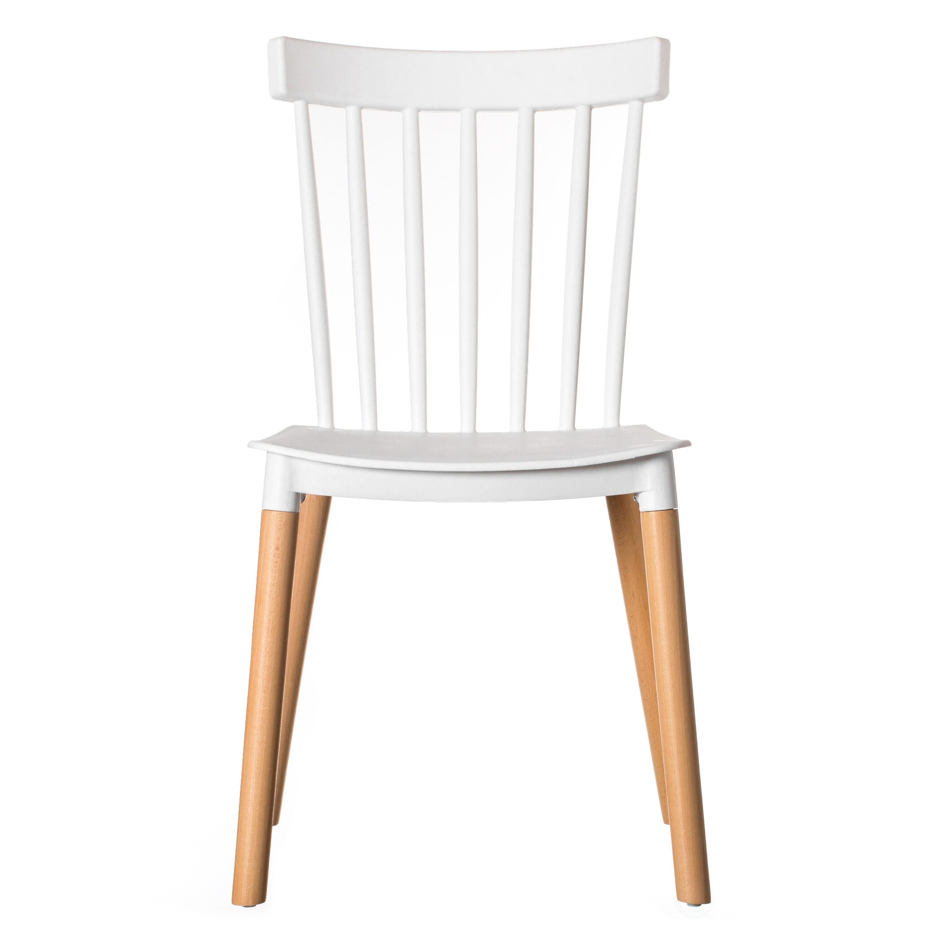 Modern Plastic Dining Chair Windsor Design with Beech Wood Legs, White Set of 4