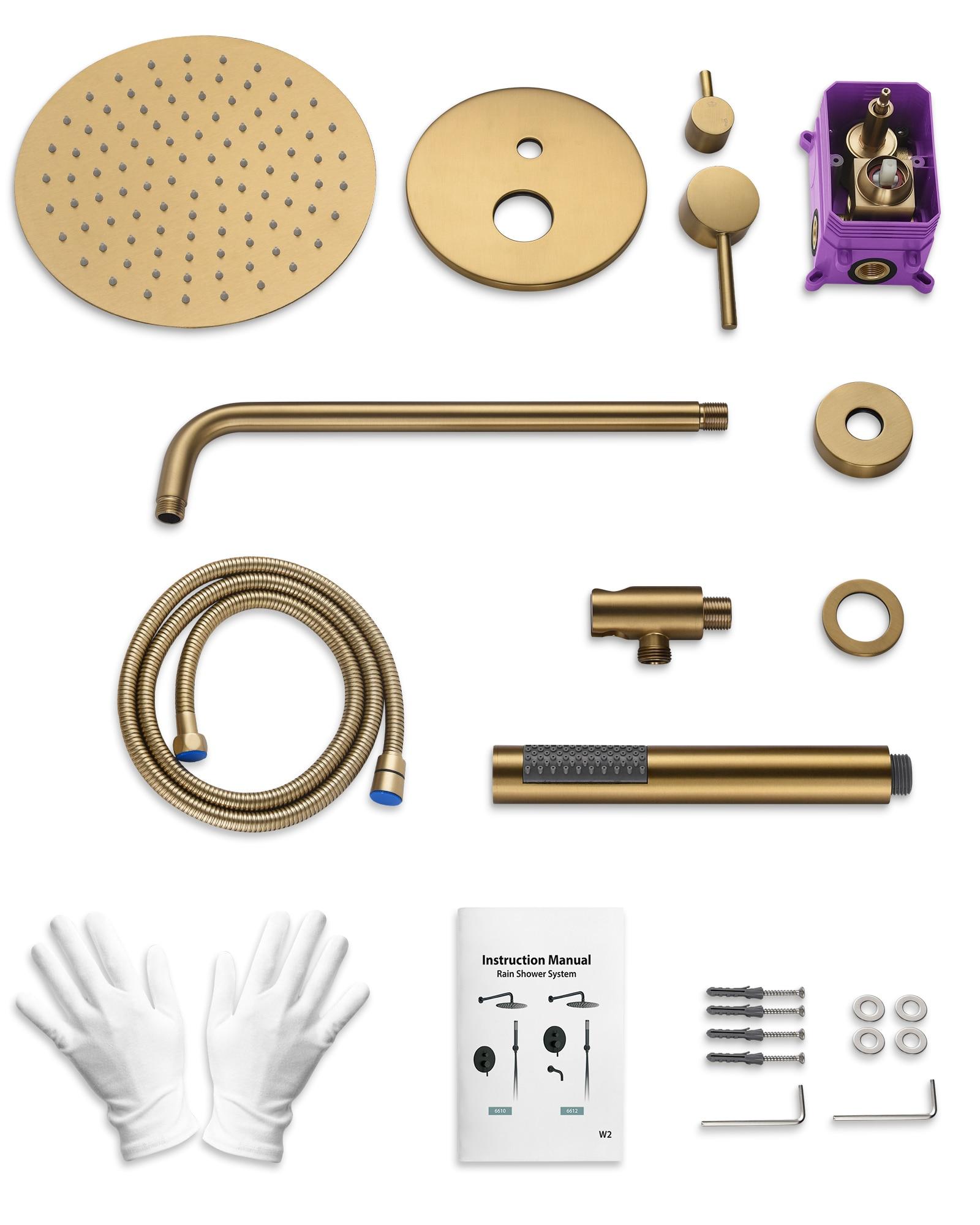 GRANDJOY Complete Shower System, 10" and 6" Dual Wall Mount Rain Shower Faucets with Handheld Shower Spray, High Pressure in Brushed Gold