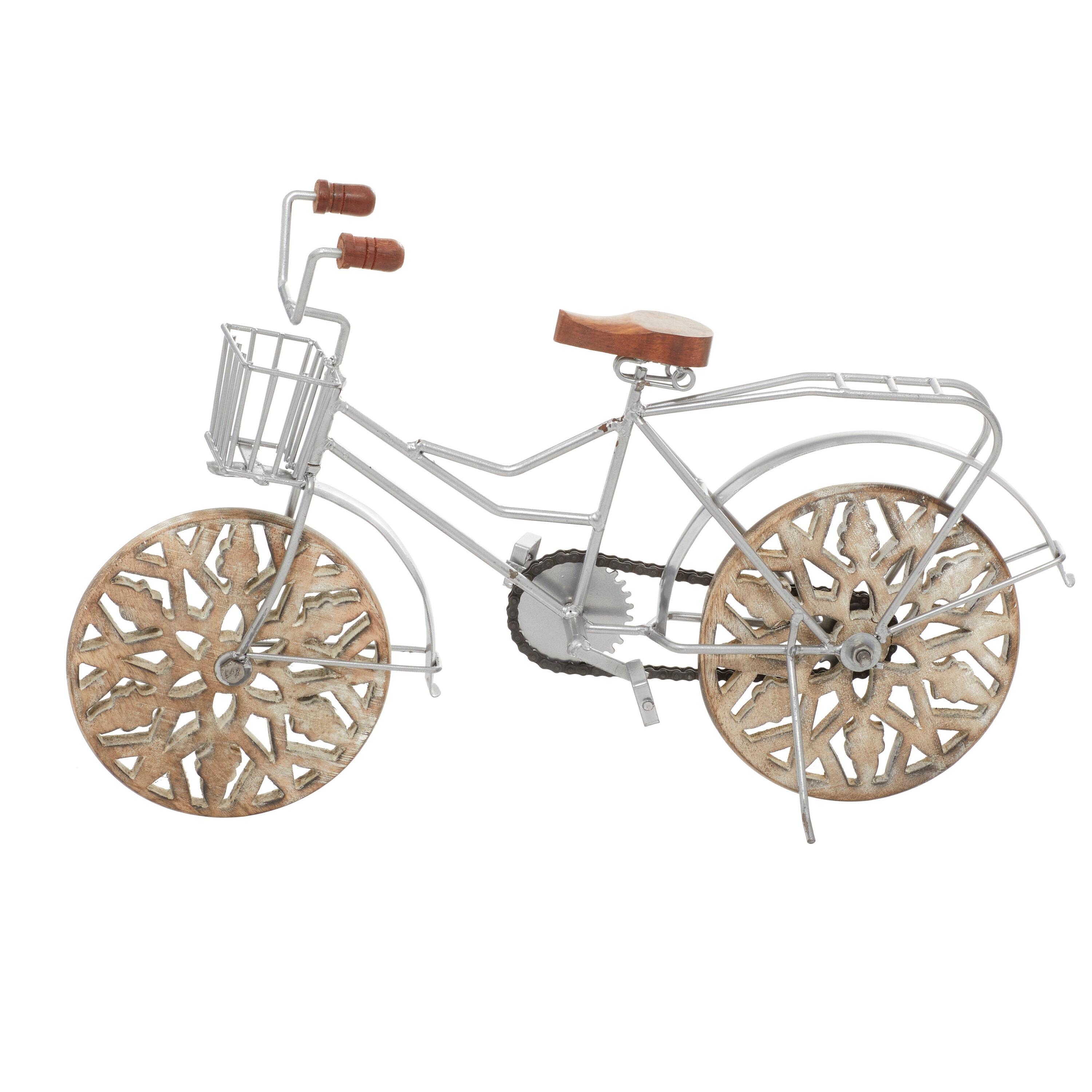 19" x 12" Brown Metal Bike Sculpture with Carved Wood Wheels, by DecMode