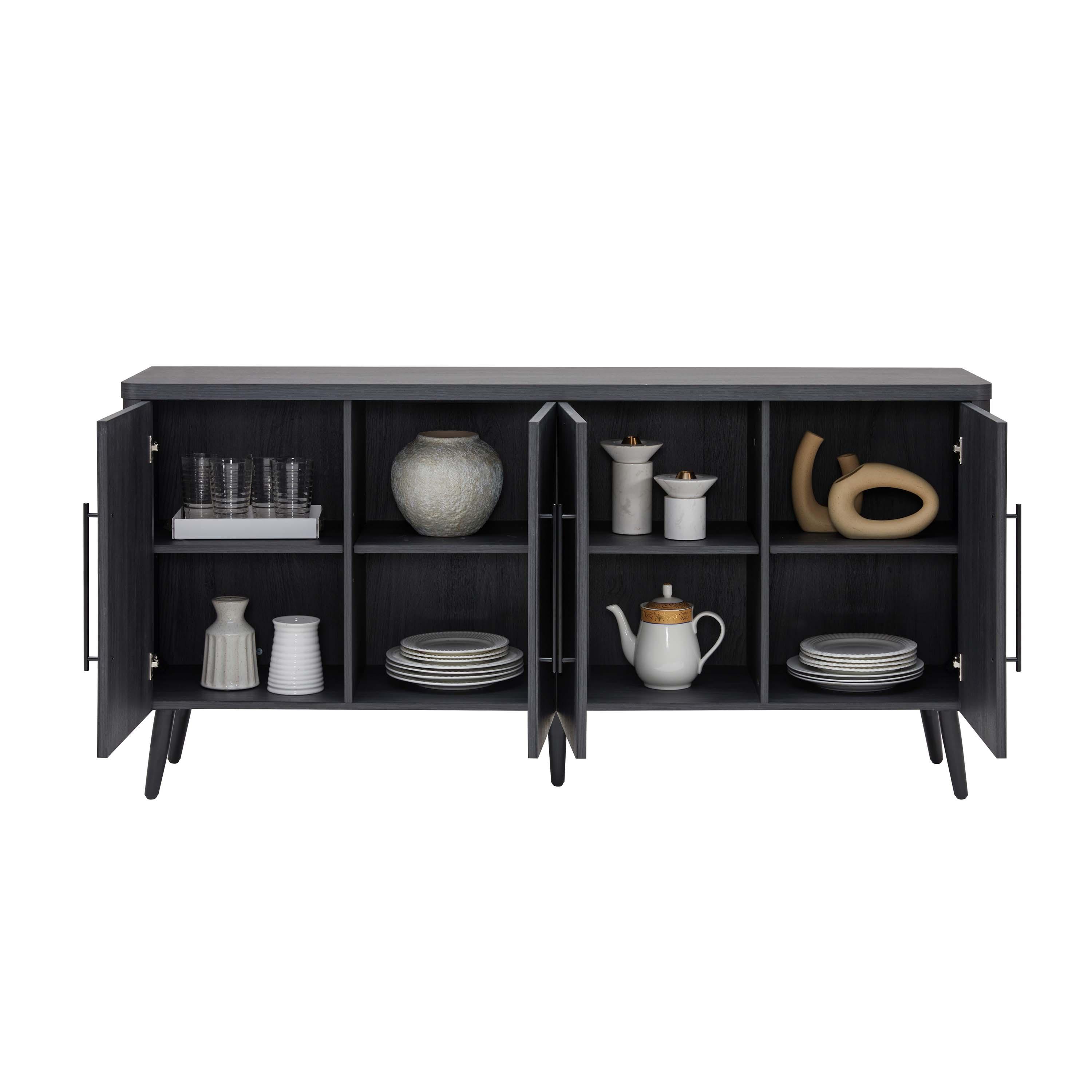 Manhattan Comfort Jodie 65" Mid-Century Modern Sideboard with 8 Adjustable Shelves in Charcoal Gray