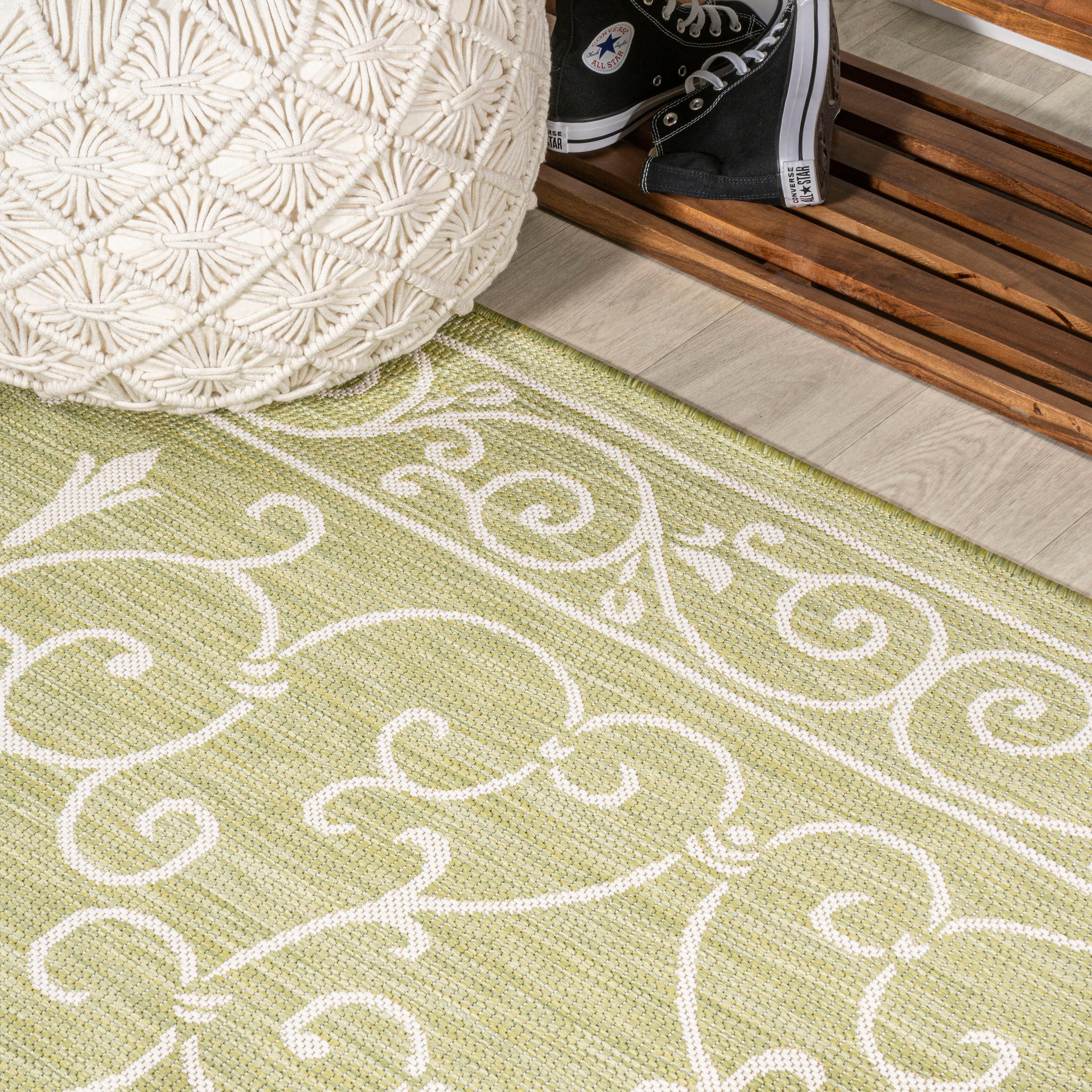 2' x 8' Charleston Vintage Filigree Textured Weave Indoor/Outdoor Runner Rug, Green/Cream - JONATHAN Y